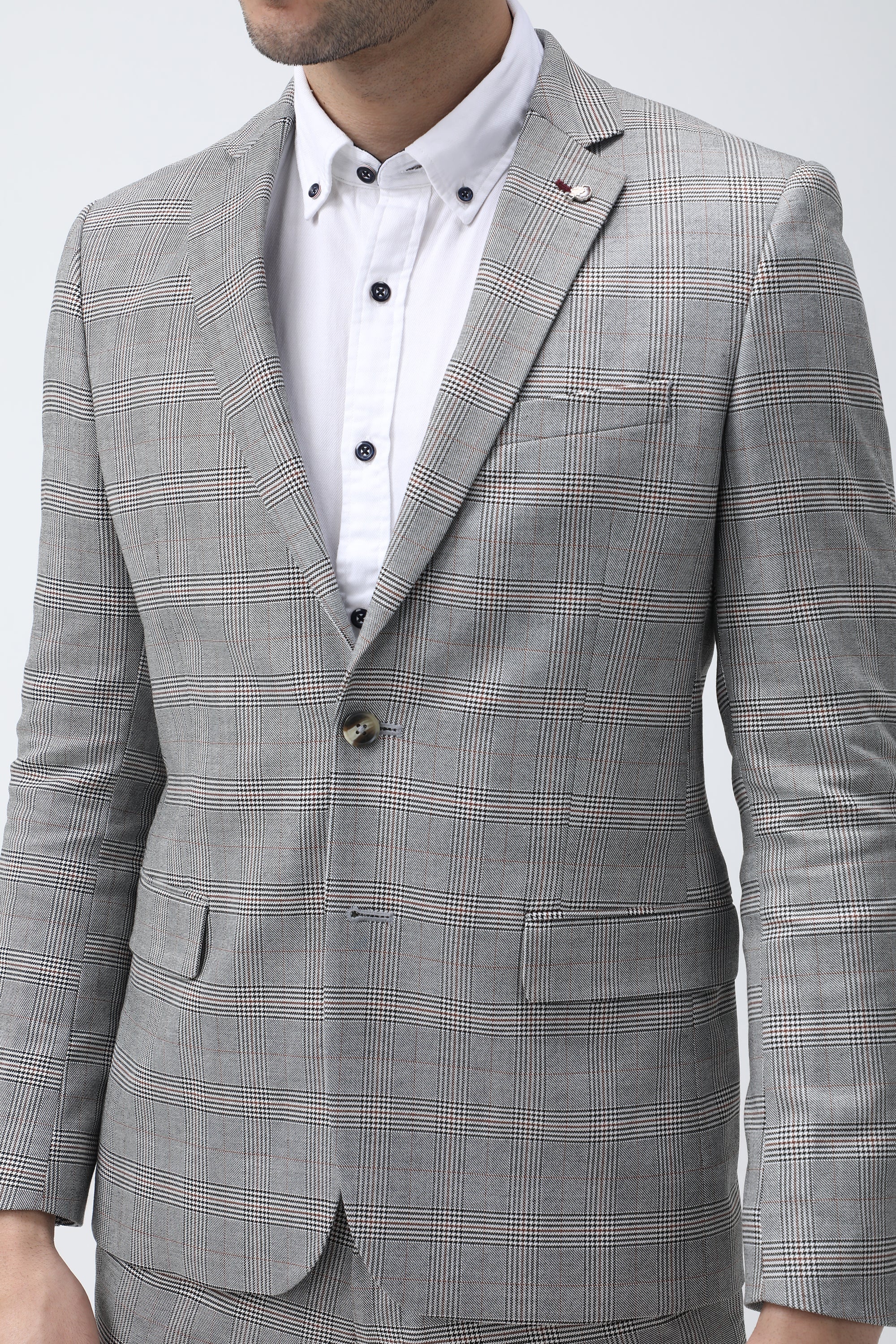 Bare Brown Casual Checkered Blazer - Grey