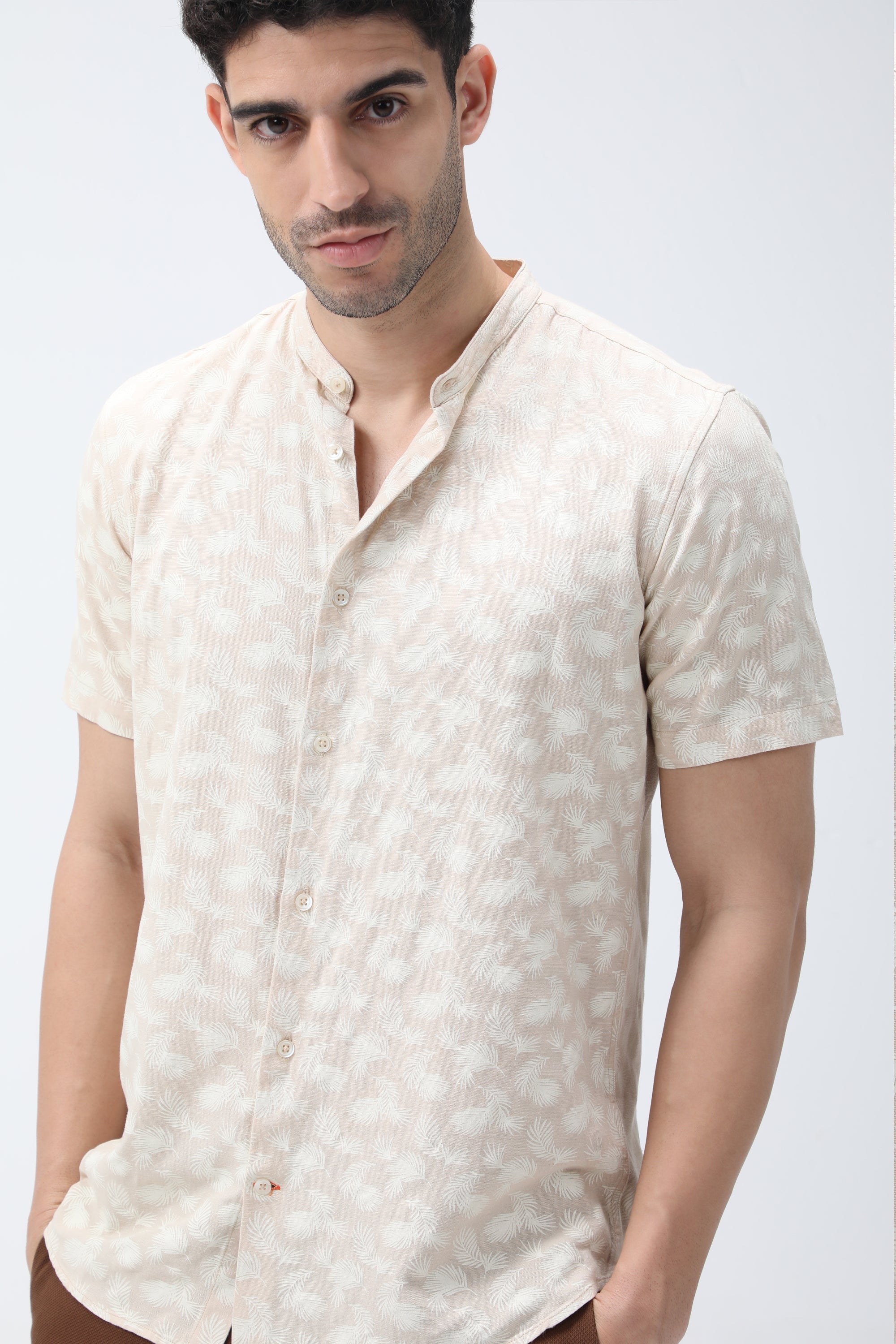Bare Brown Cotton Beige Printed Shirt