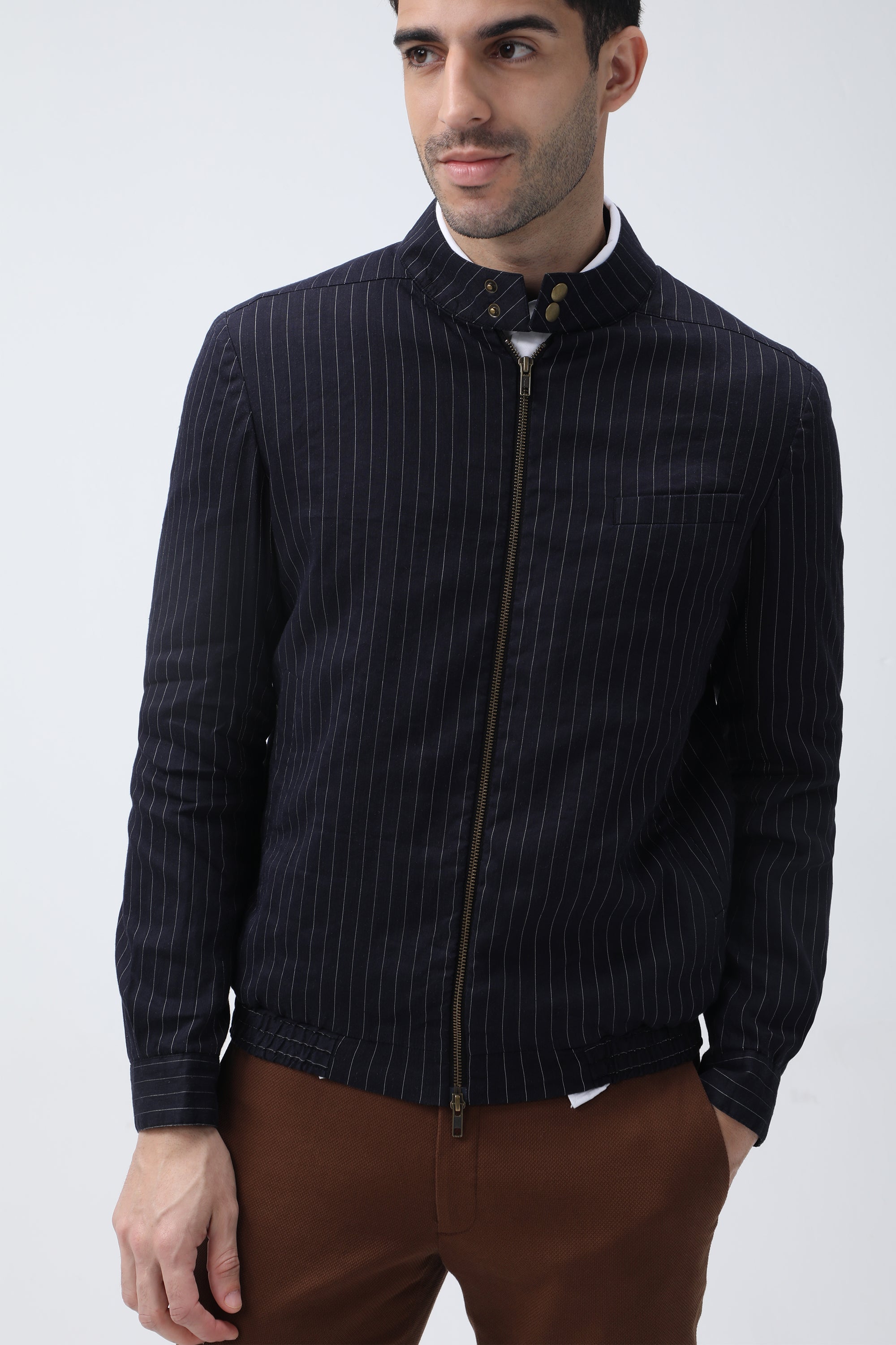Bare Brown Stripe Bomber Jacket - Navy