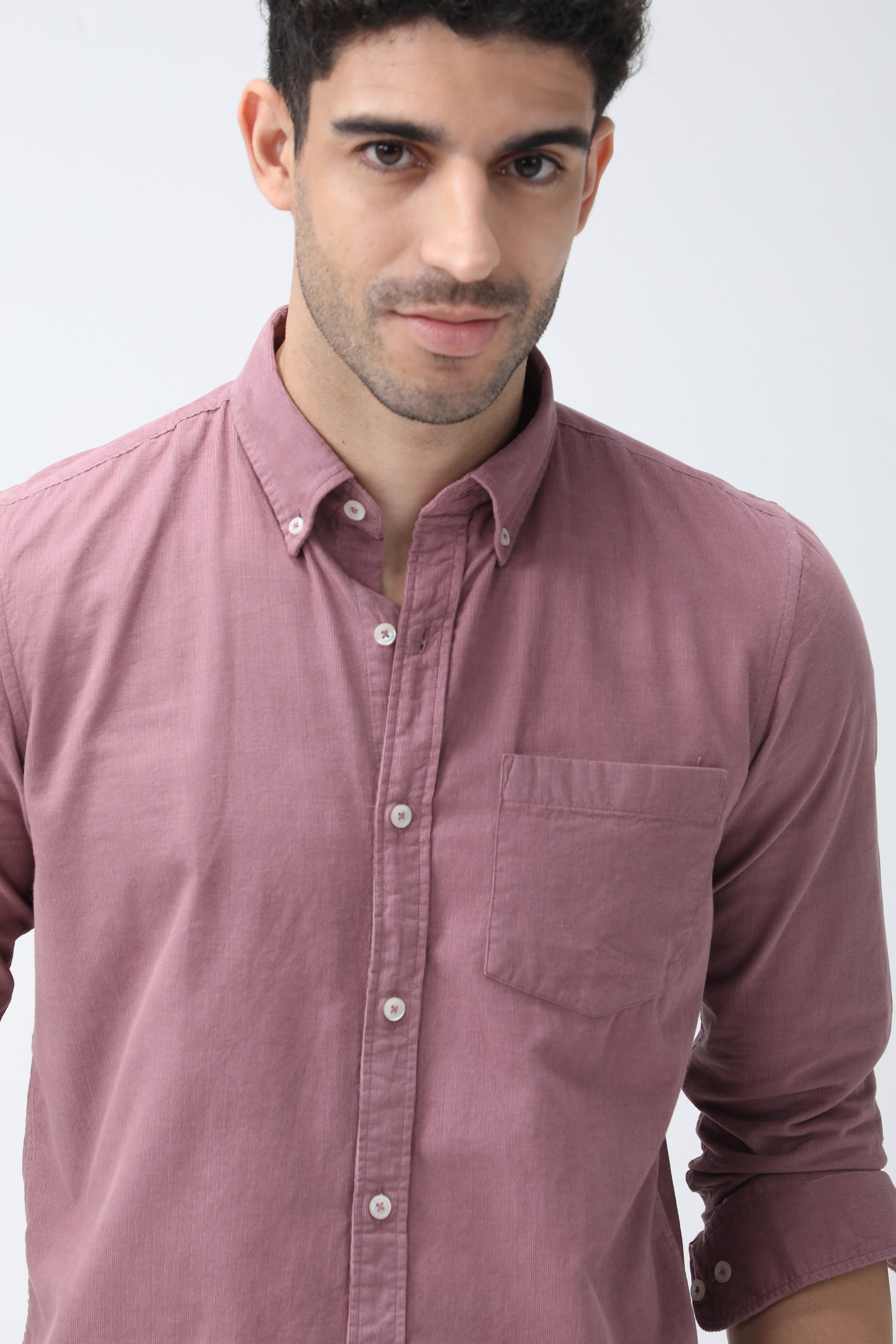 Bare Brown Corduroy Cotton Shirt, Slim Fit with Full Sleeves - Pink