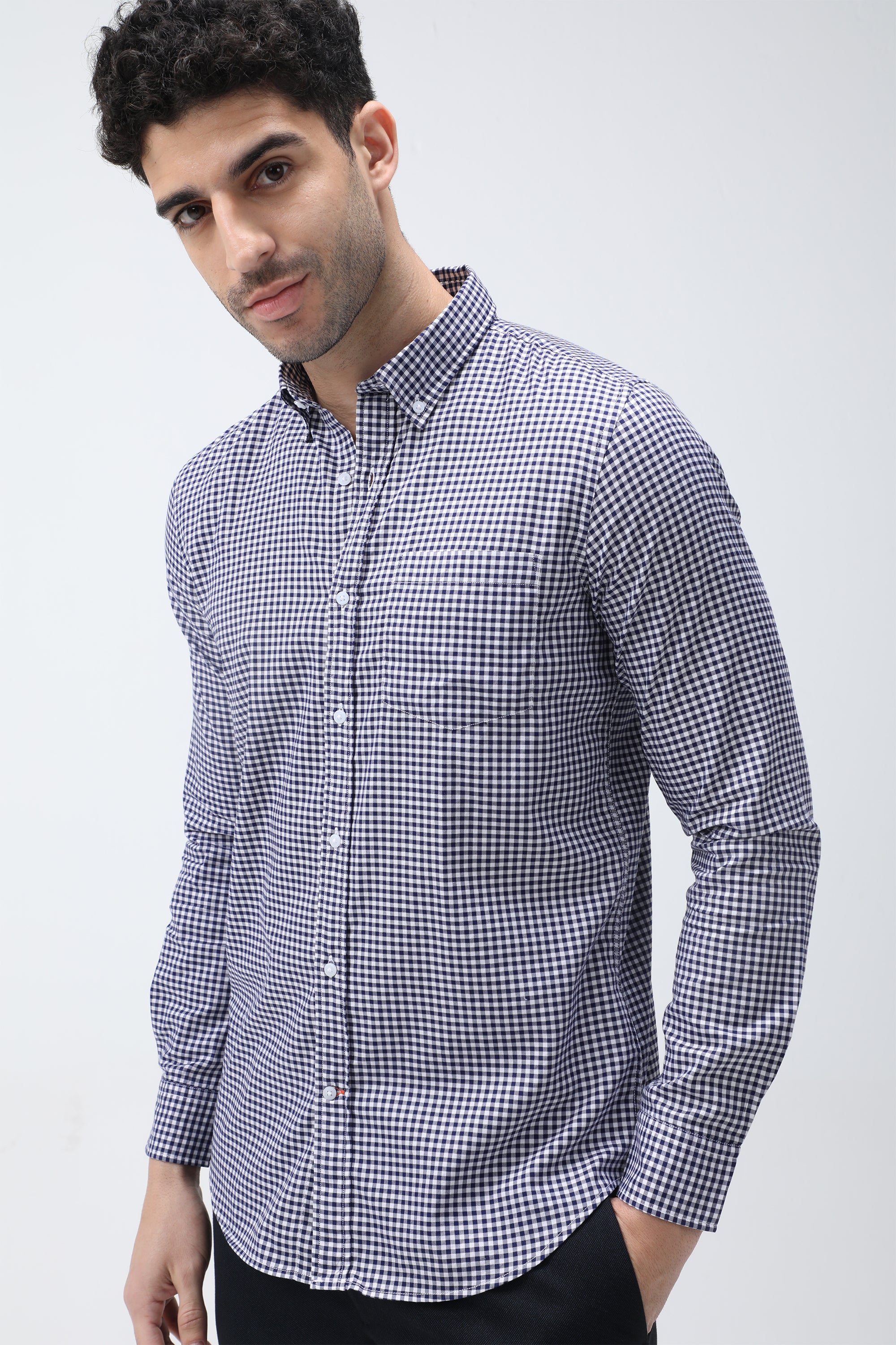 Bare Brown Gingham Checkered Cotton Shirt - Navy