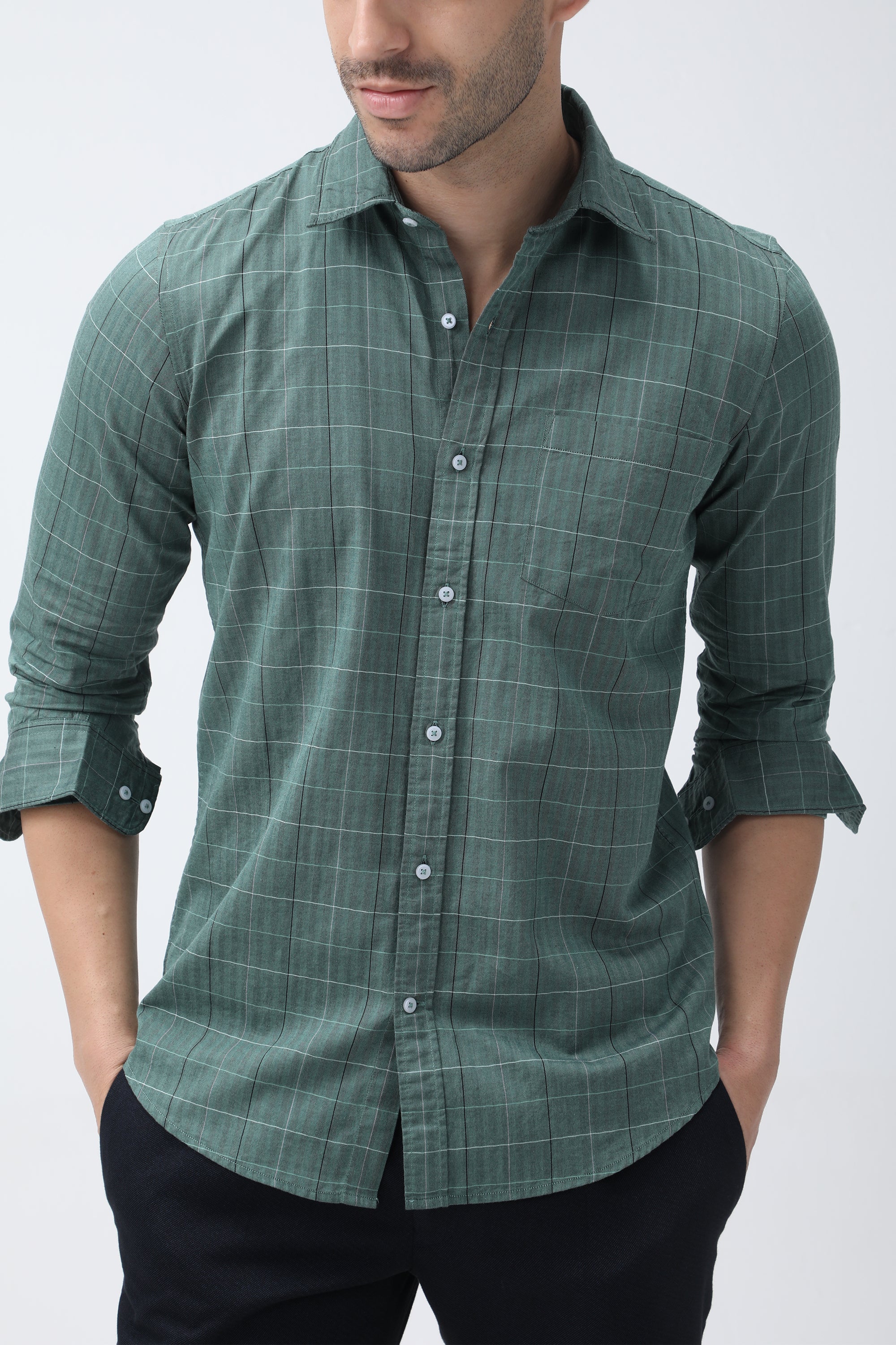 Bare Brown Checkered Cotton Green Shirt
