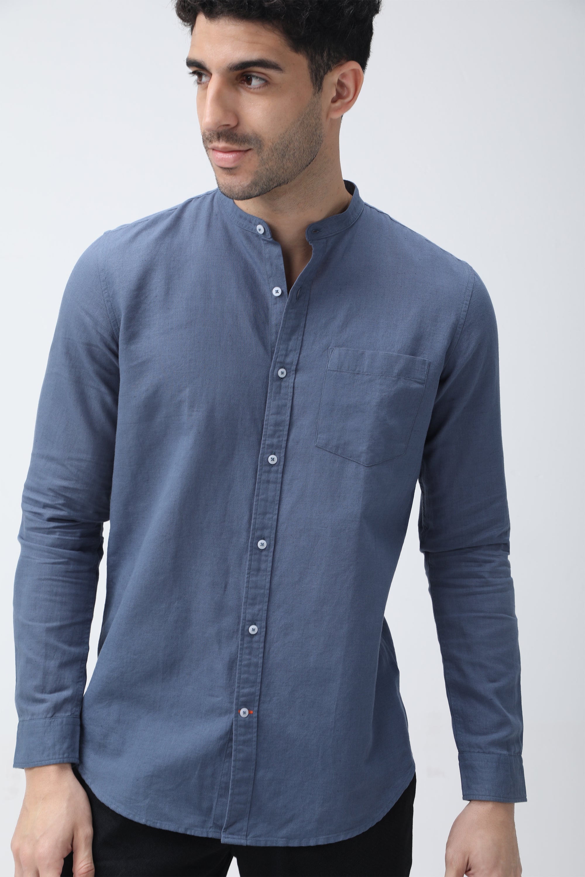 Bare Brown Mandarin Collar Cotton Linen Shirt, Slim Fit with Full Sleeves - Blue