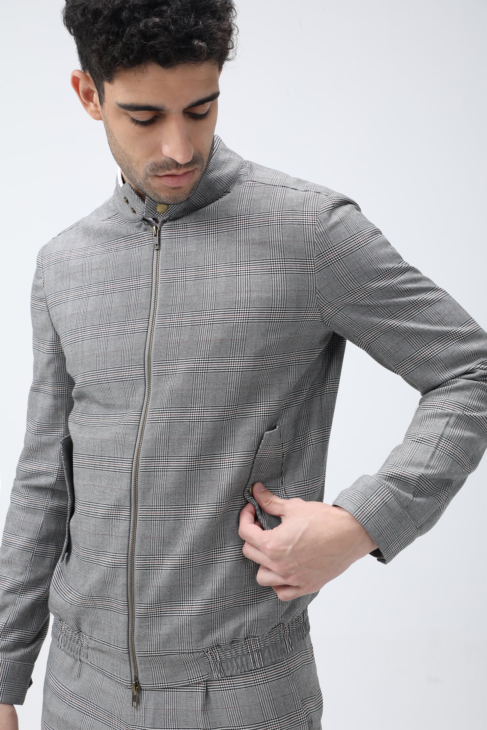 Bare Brown Checkered Bomber Jacket - Grey