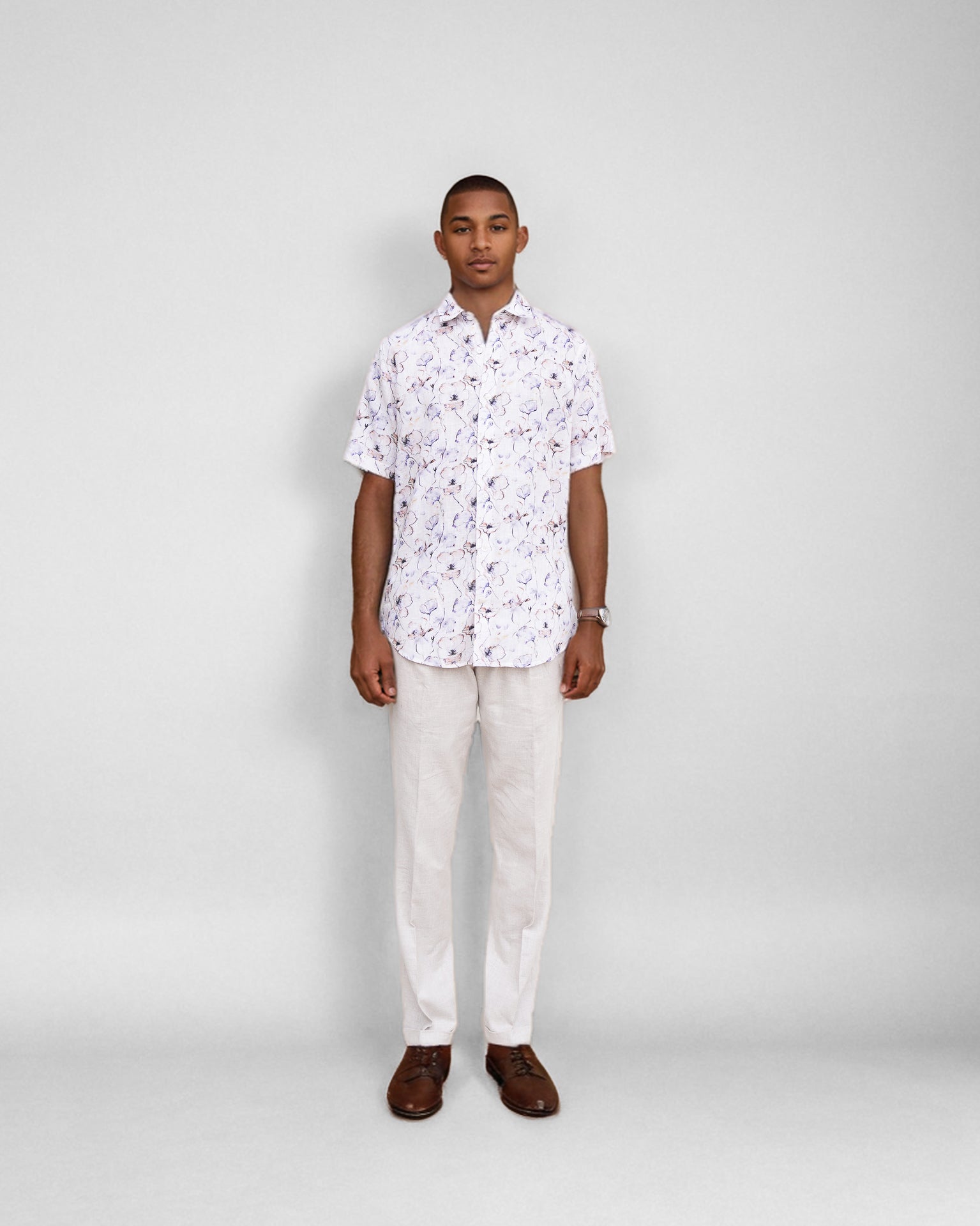 Bare Brown Floral Printed Linen Half Sleeve Shirt - Beige