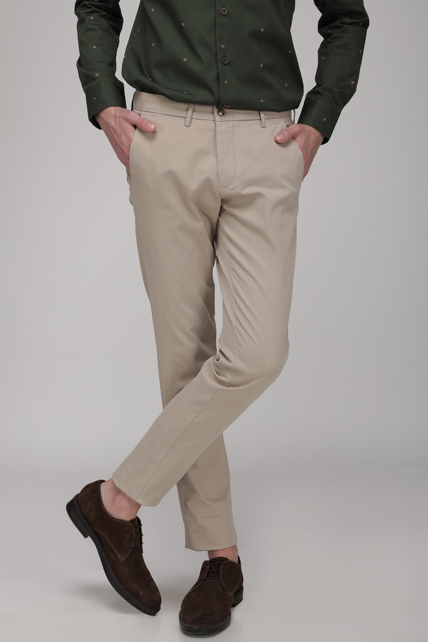 Bare Brown Stretch Slim Fit Cotton Chinos - Khaki