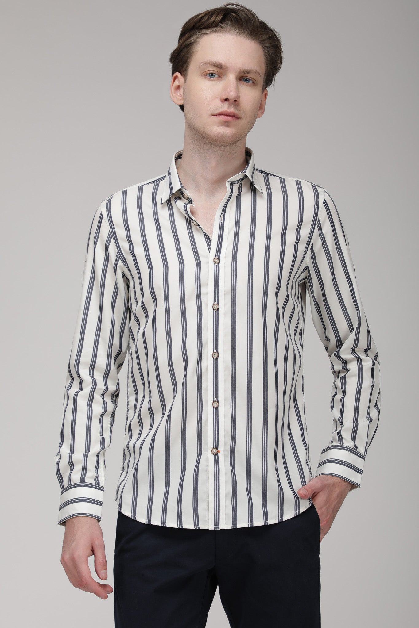 Bare Brown Striped Slim Fit Cotton Shirt with Full Sleeves