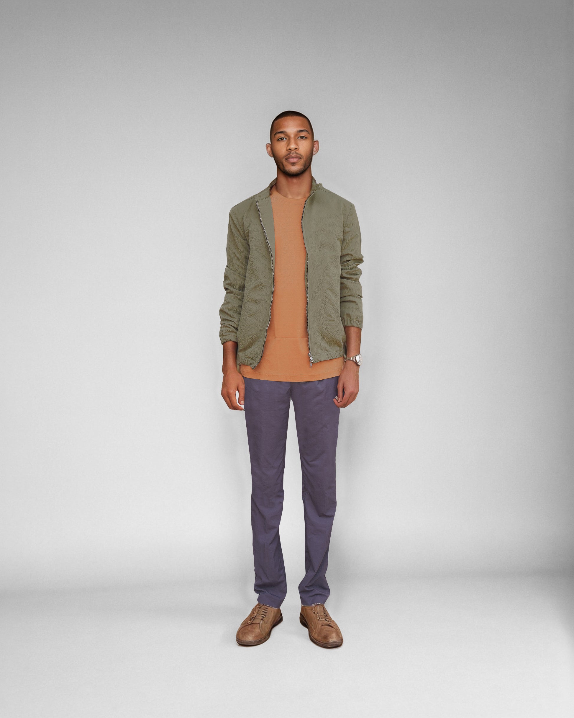 Bare Brown Seersucker Bomber Jacket with 2 way Zipper - Olive
