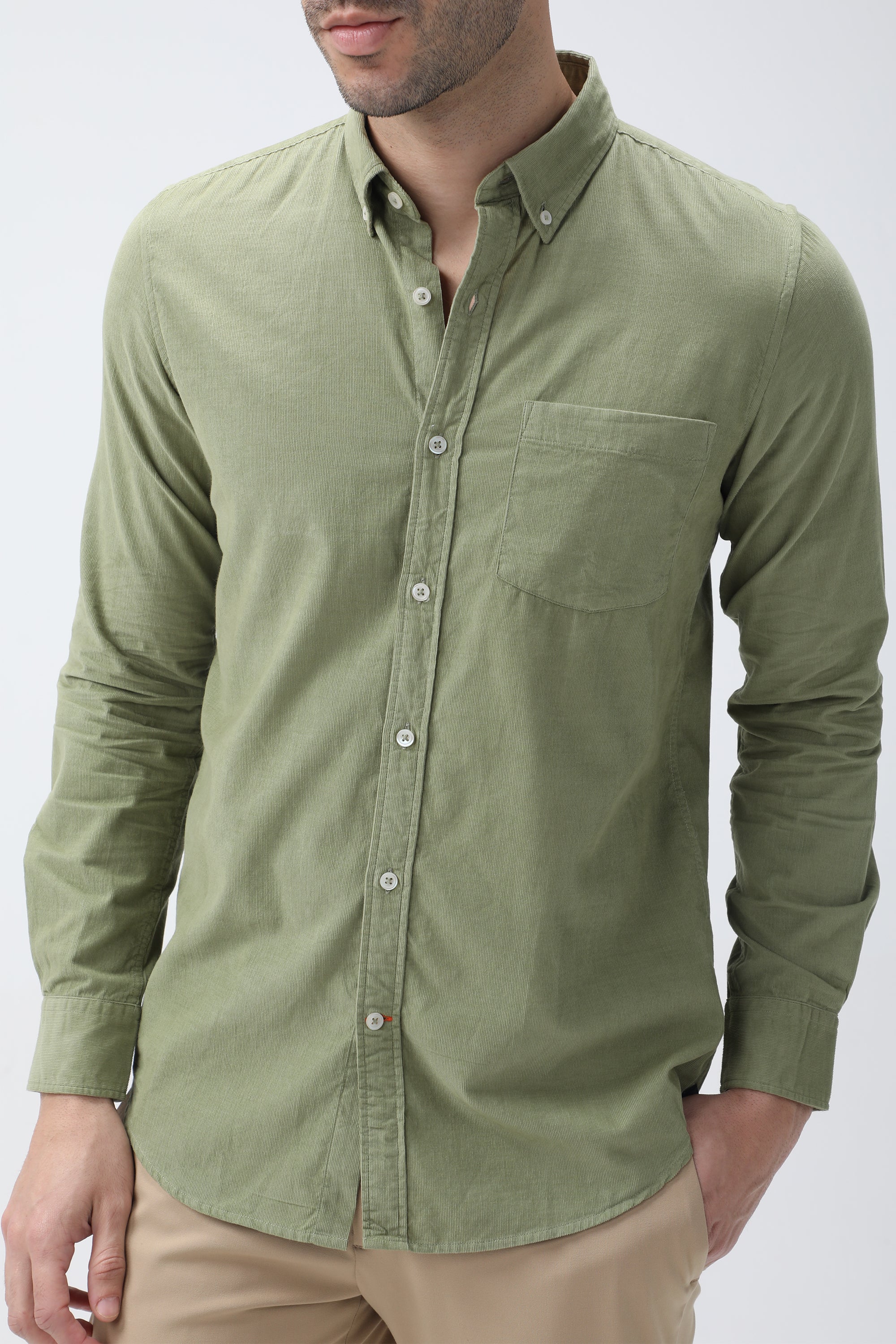 Bare Brown Corduroy Cotton Shirt, Slim Fit with Full Sleeves - Green