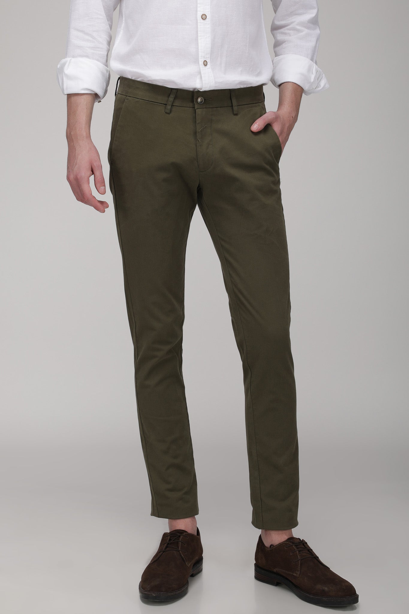 Bare Brown Stretch Slim Fit Cotton Chinos - Olive Green