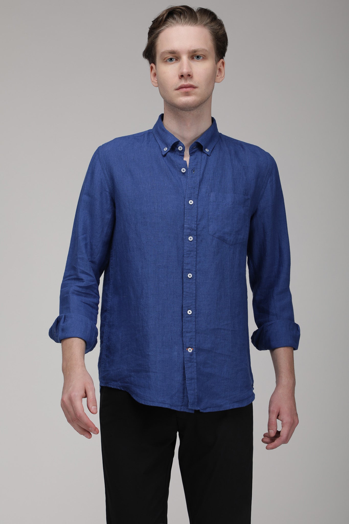 Bare Brown Linen Shirt, Slim Fit with Full Sleeves - Blue