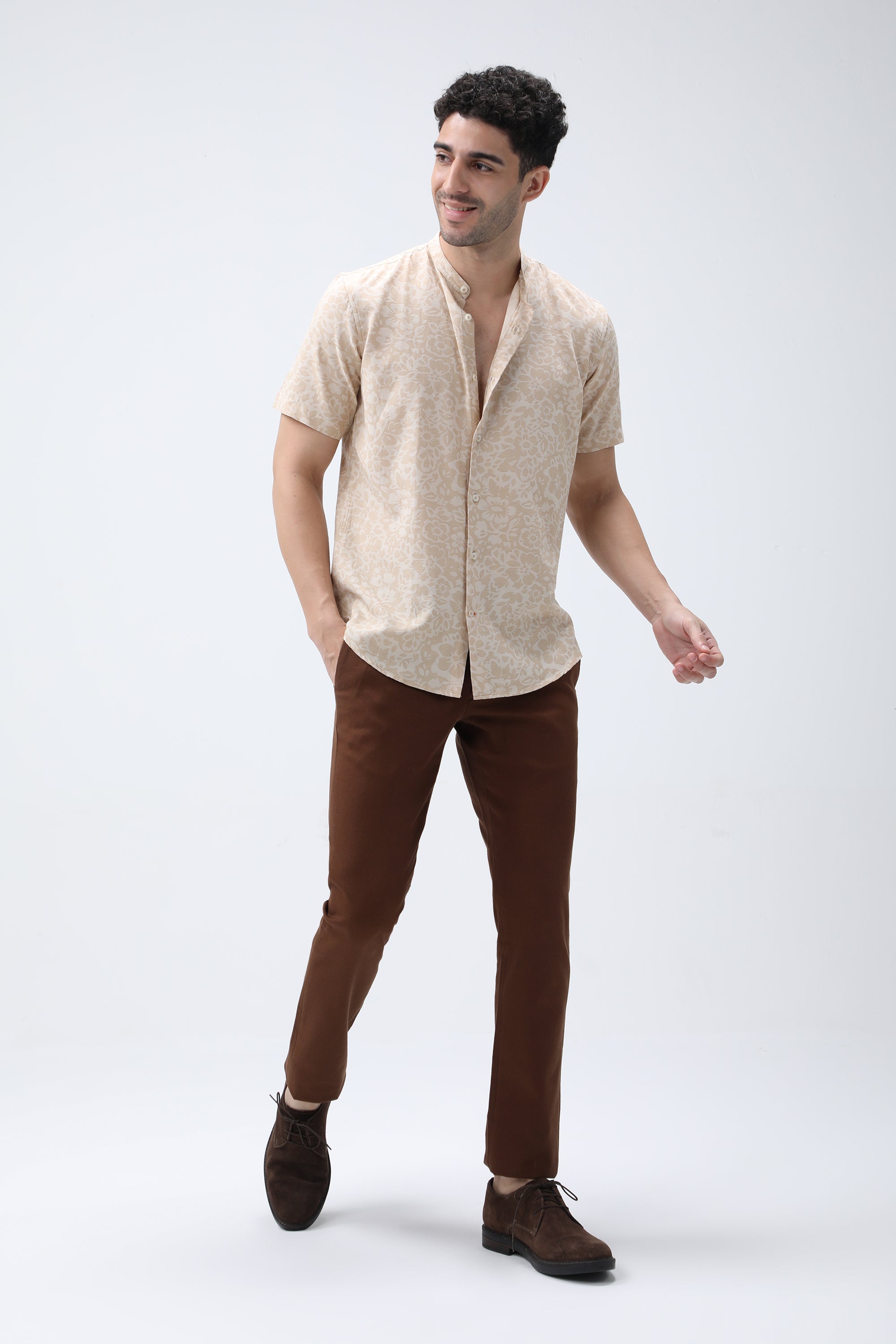 Bare Brown Beige Cotton Printed Shirt
