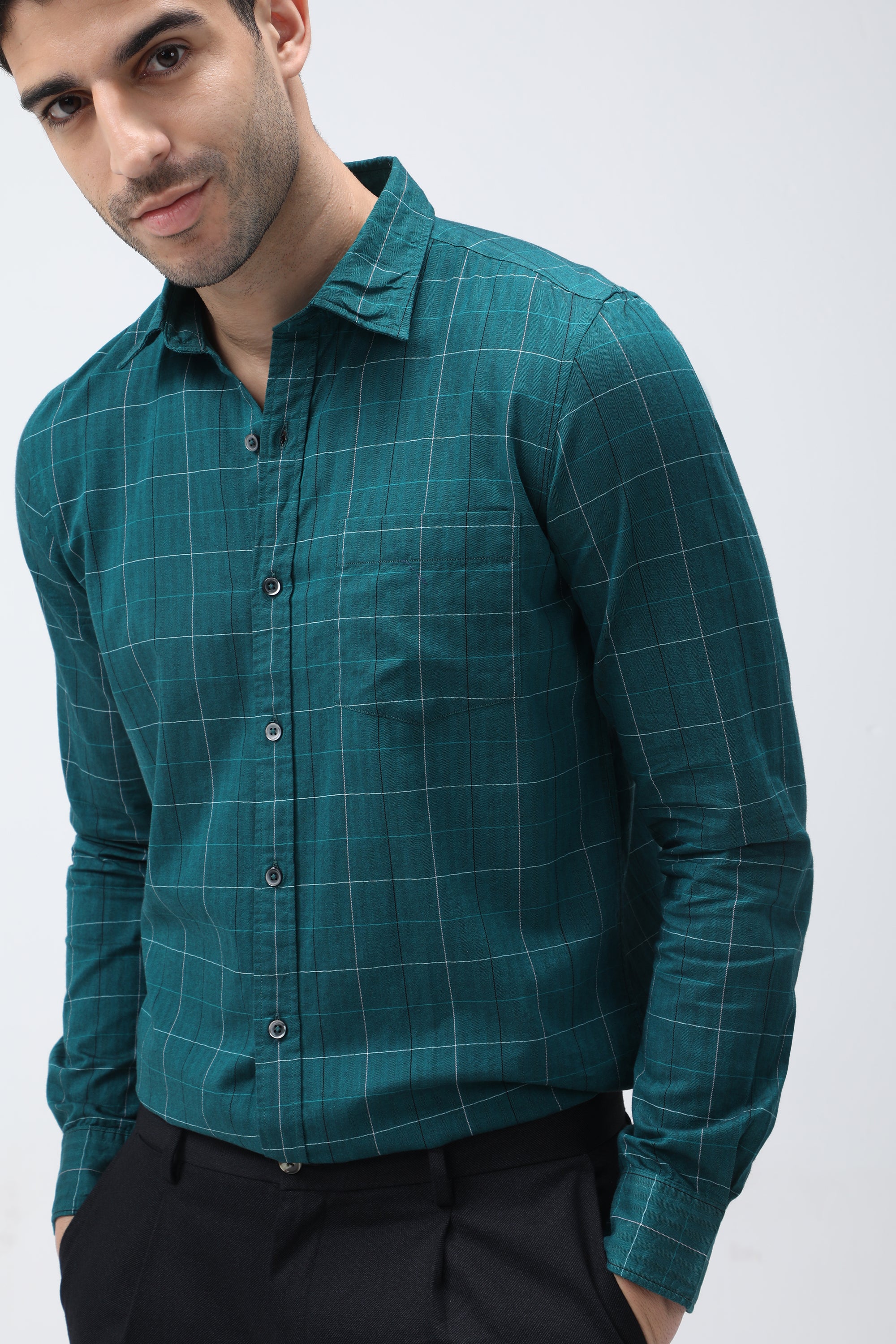 Bare Brown Checked Cotton Green Shirt