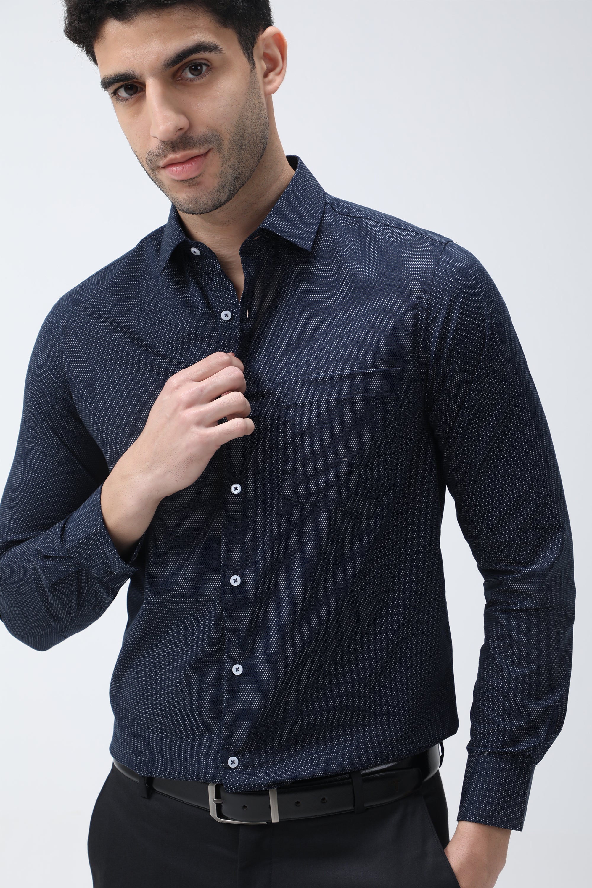 T the brand Dobby Slim Fit Full Sleeved Shirt - Navy