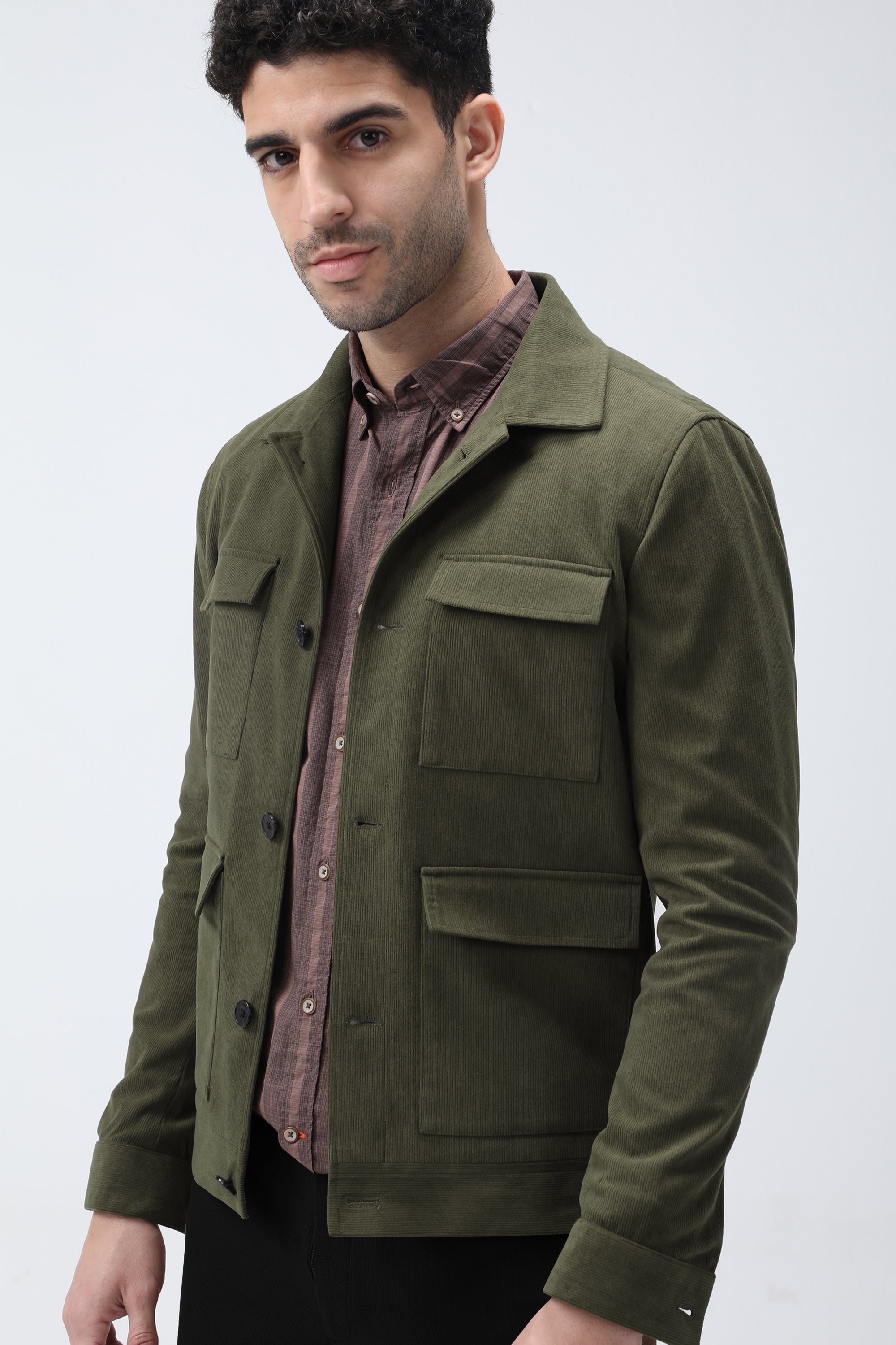 Bare Brown Corduroy Overshirt with Pockets - Olive green
