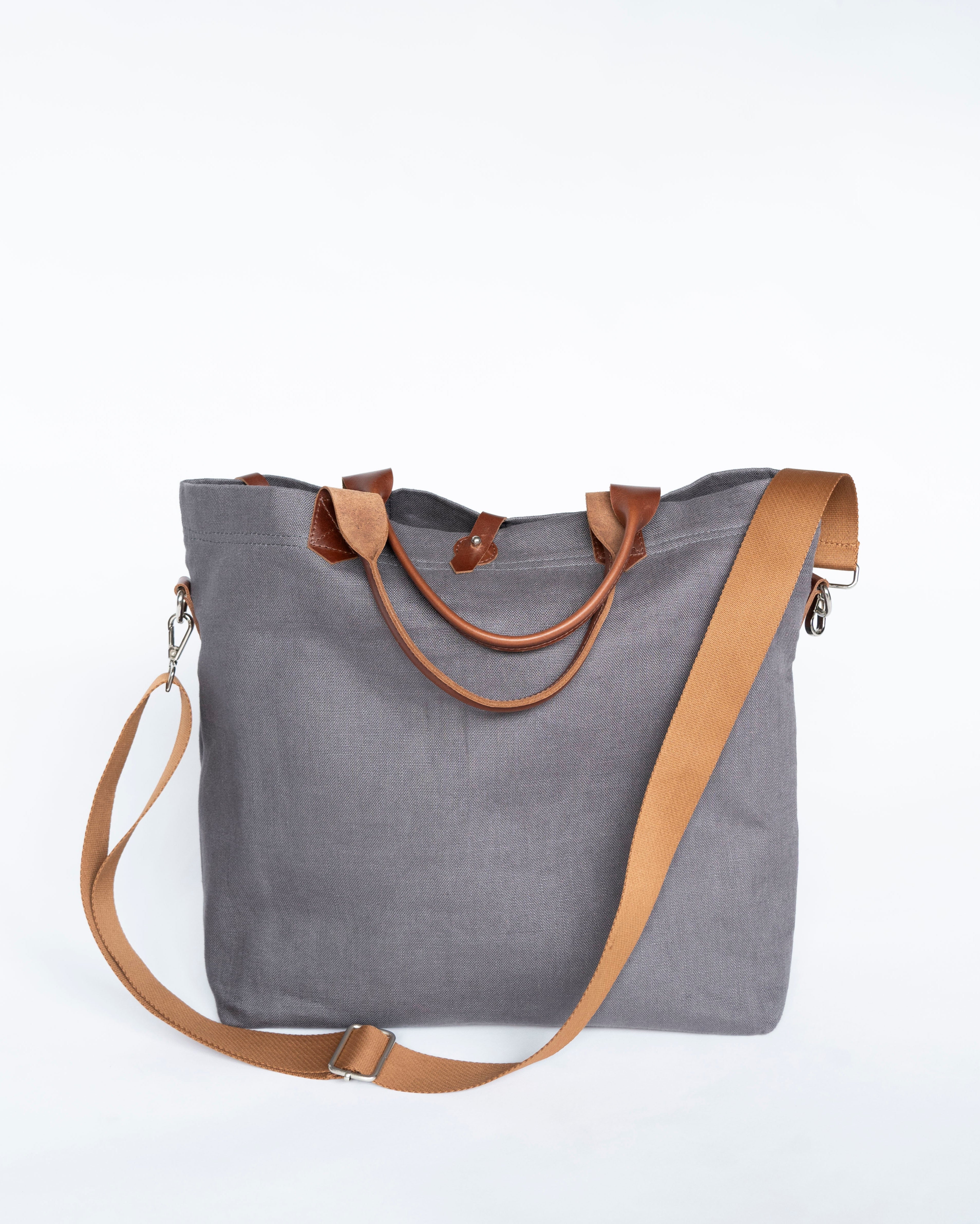 Versatile Leather Detailed Linen Canvas Tote Bag - Grey