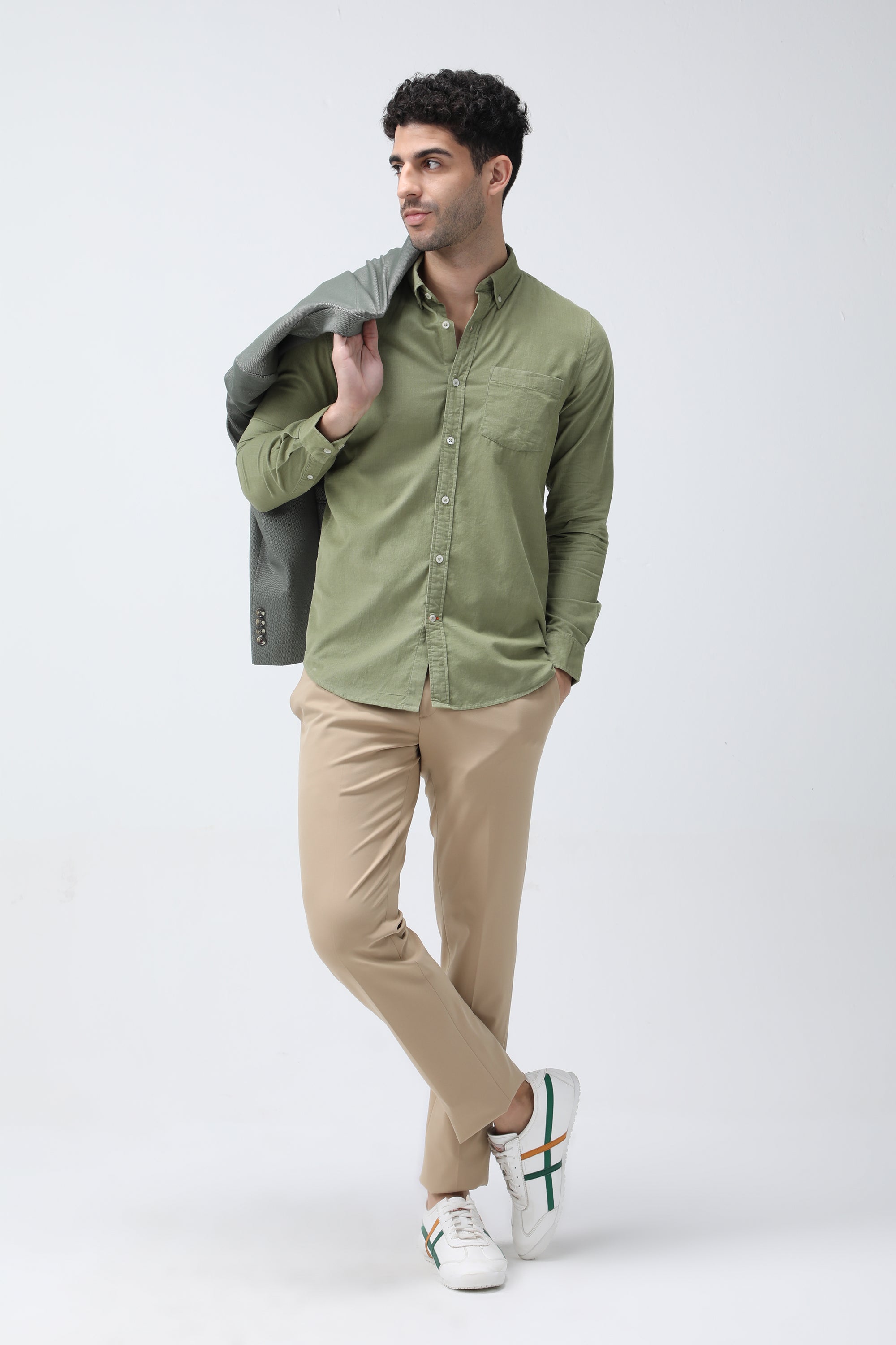 Bare Brown Corduroy Cotton Shirt, Slim Fit with Full Sleeves - Green