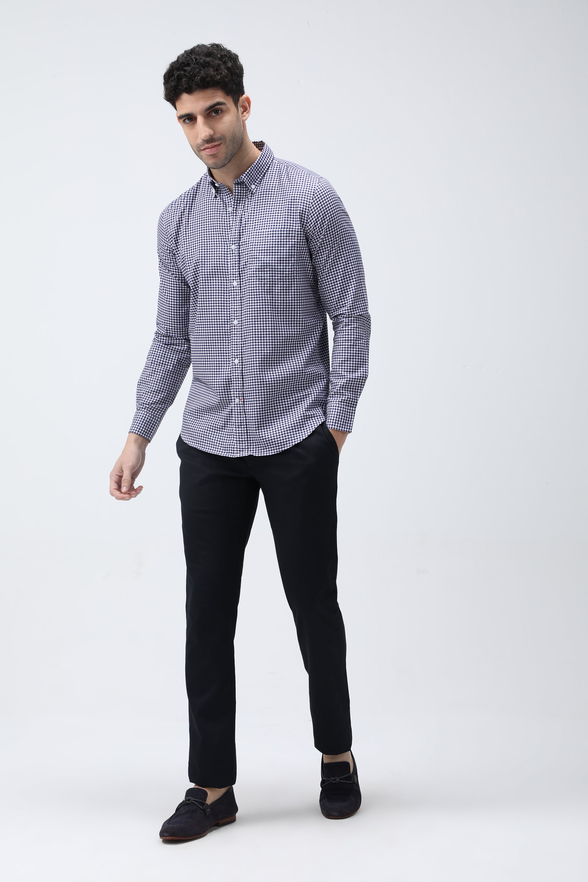 Bare Brown Gingham Checkered Cotton Shirt - Navy