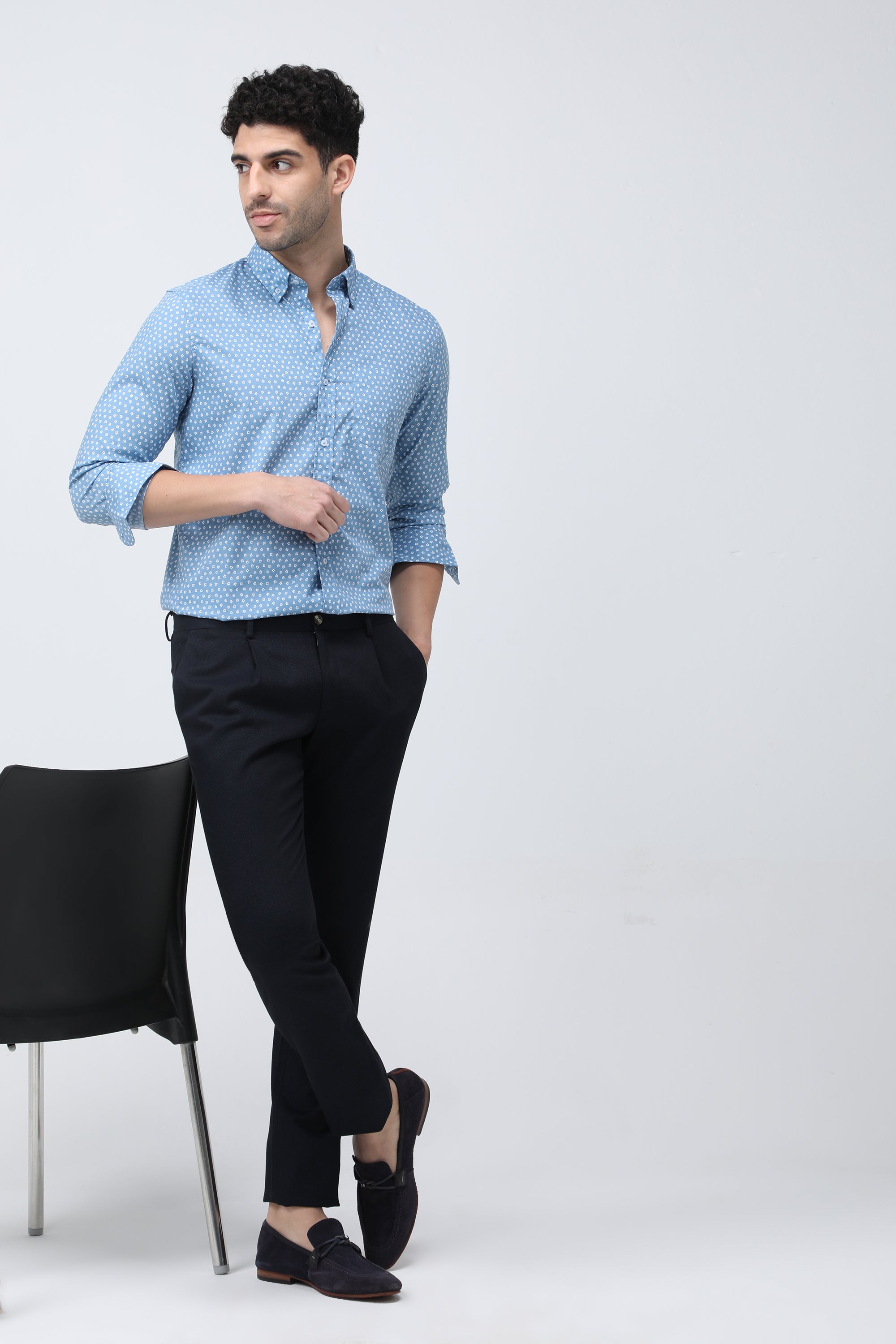 Bare Brown Floral Print Cotton Shirt - Blue
