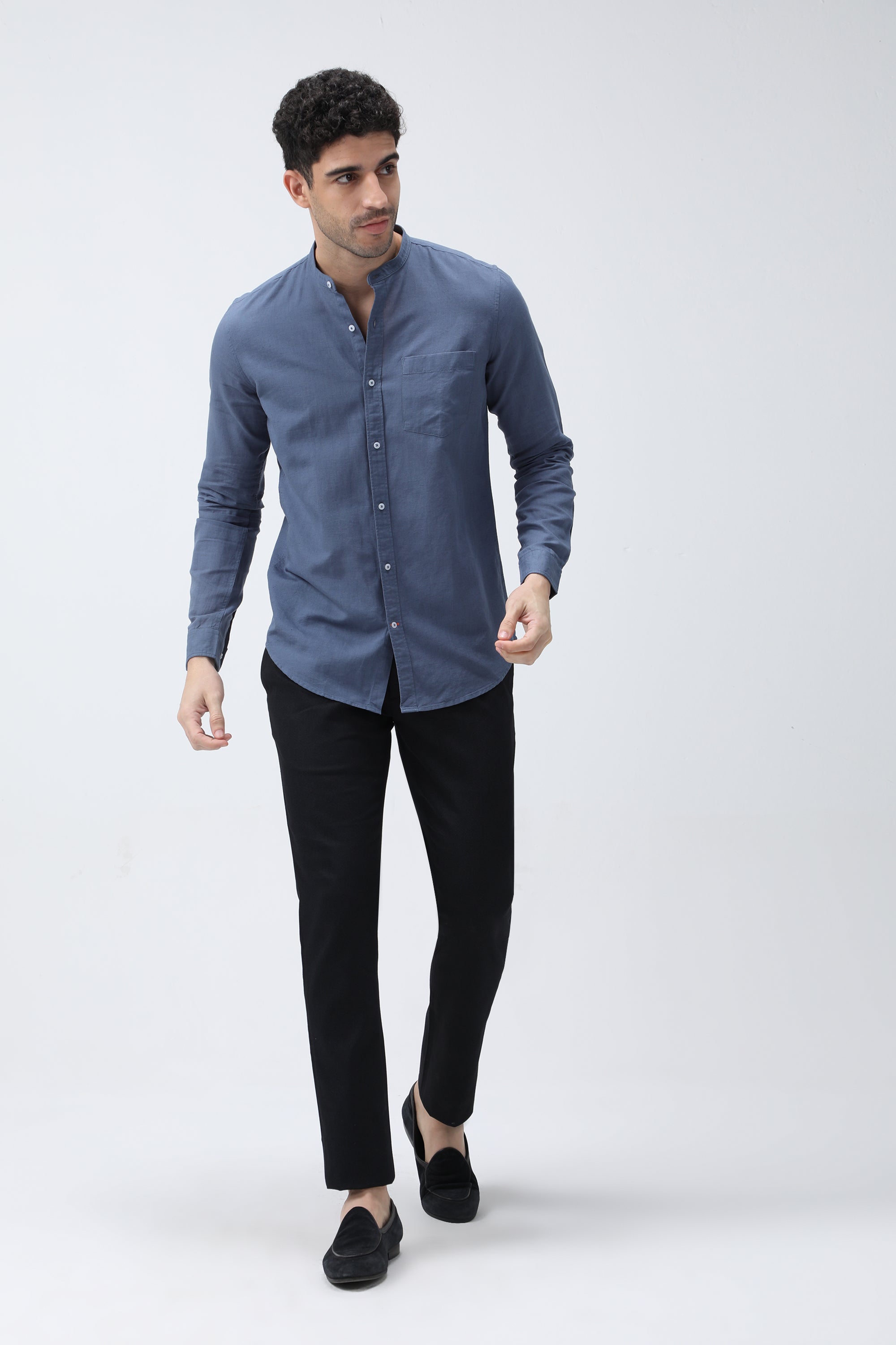 Bare Brown Mandarin Collar Cotton Linen Shirt, Slim Fit with Full Sleeves - Blue