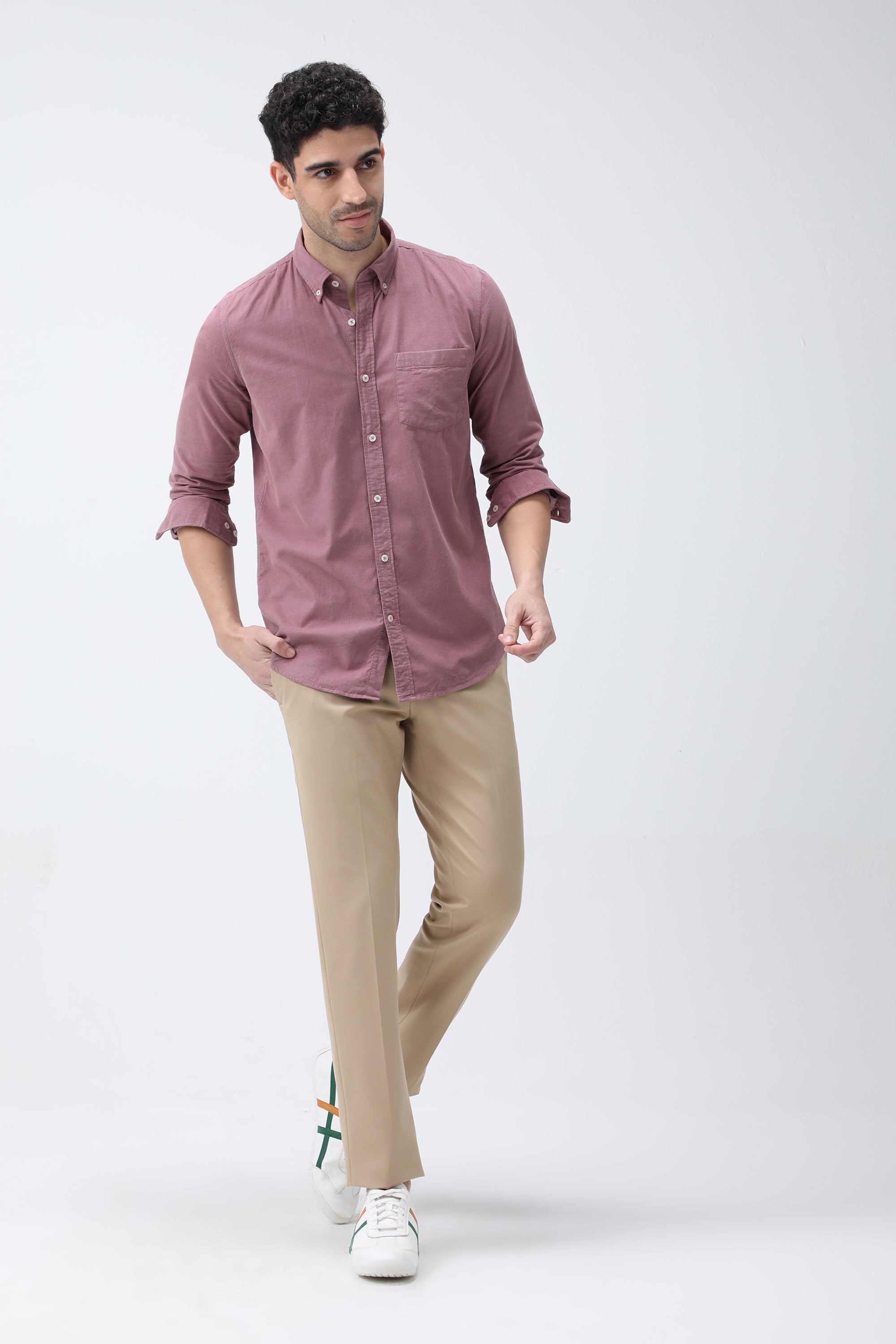 Bare Brown Corduroy Cotton Shirt, Slim Fit with Full Sleeves - Pink