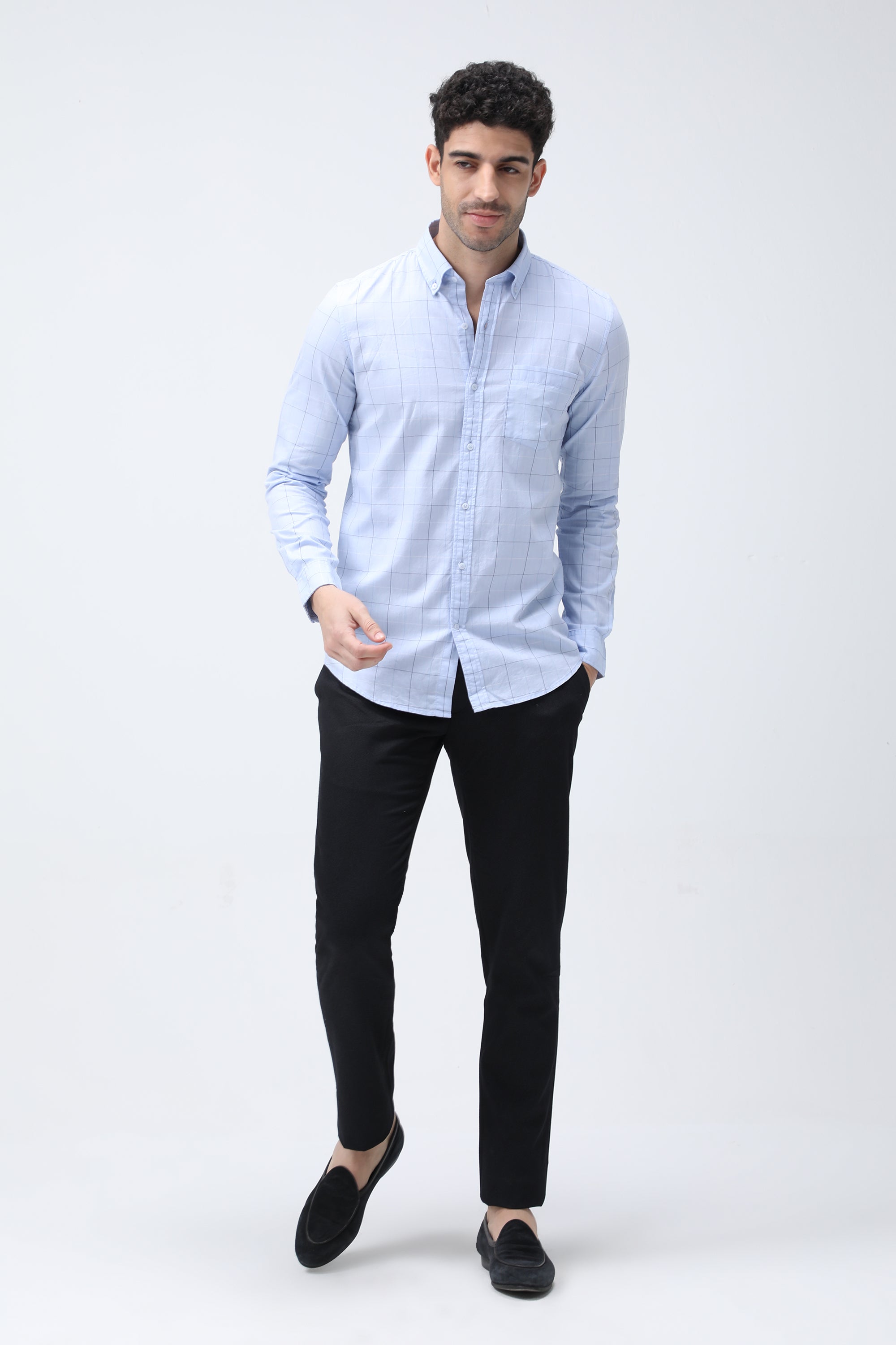 Bare Brown Checkered Cotton Light Blue Shirt