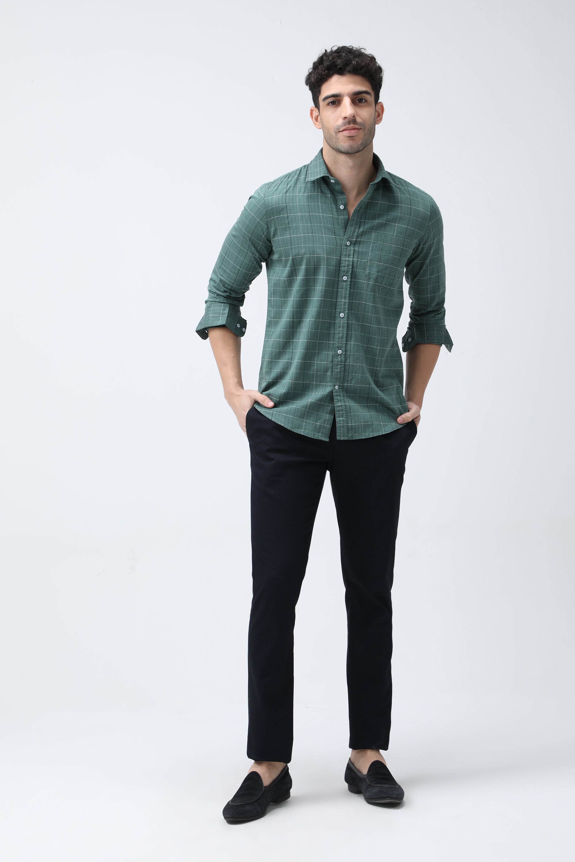 Bare Brown Checkered Cotton Green Shirt