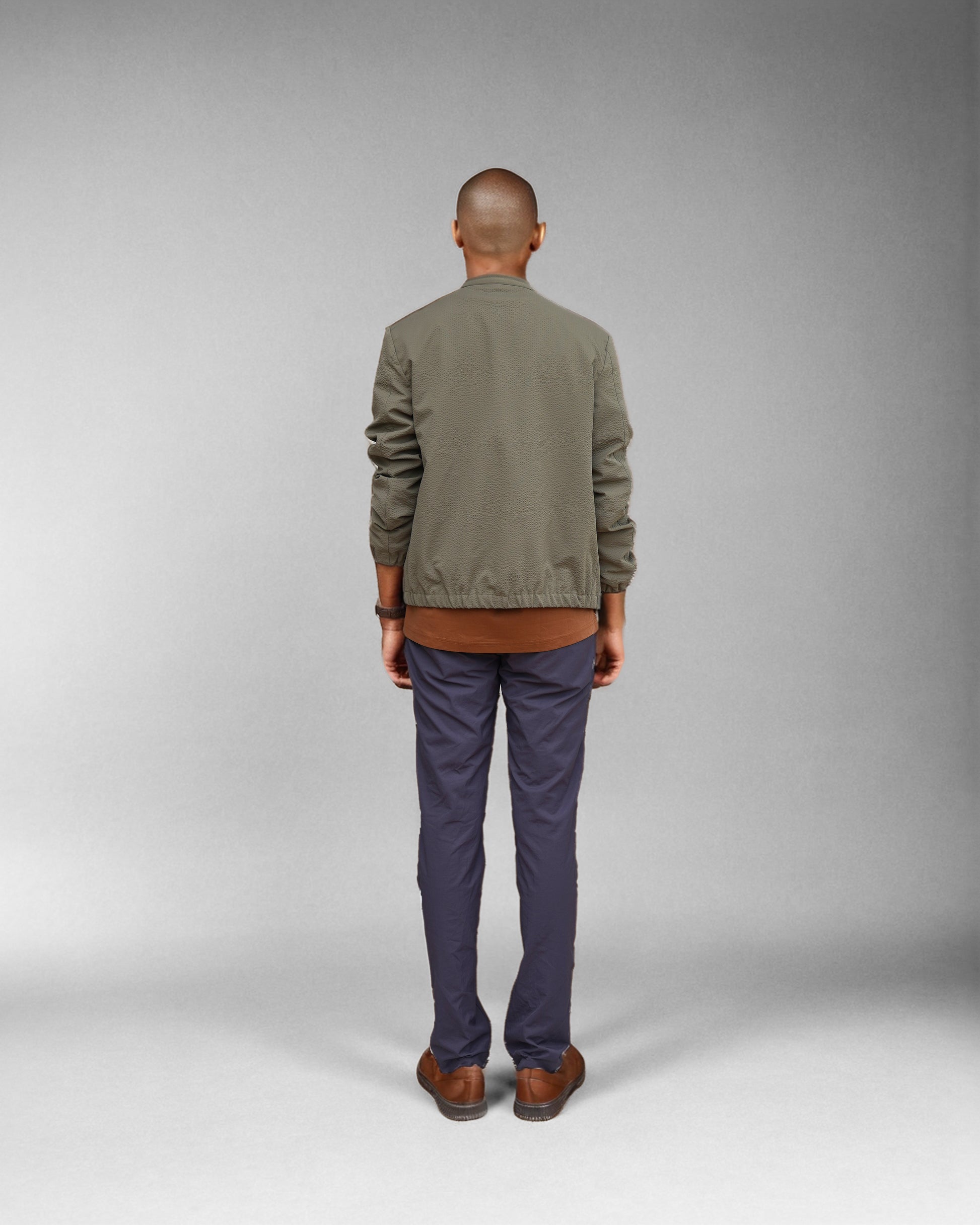 Bare Brown Seersucker Bomber Jacket with 2 way Zipper - Olive