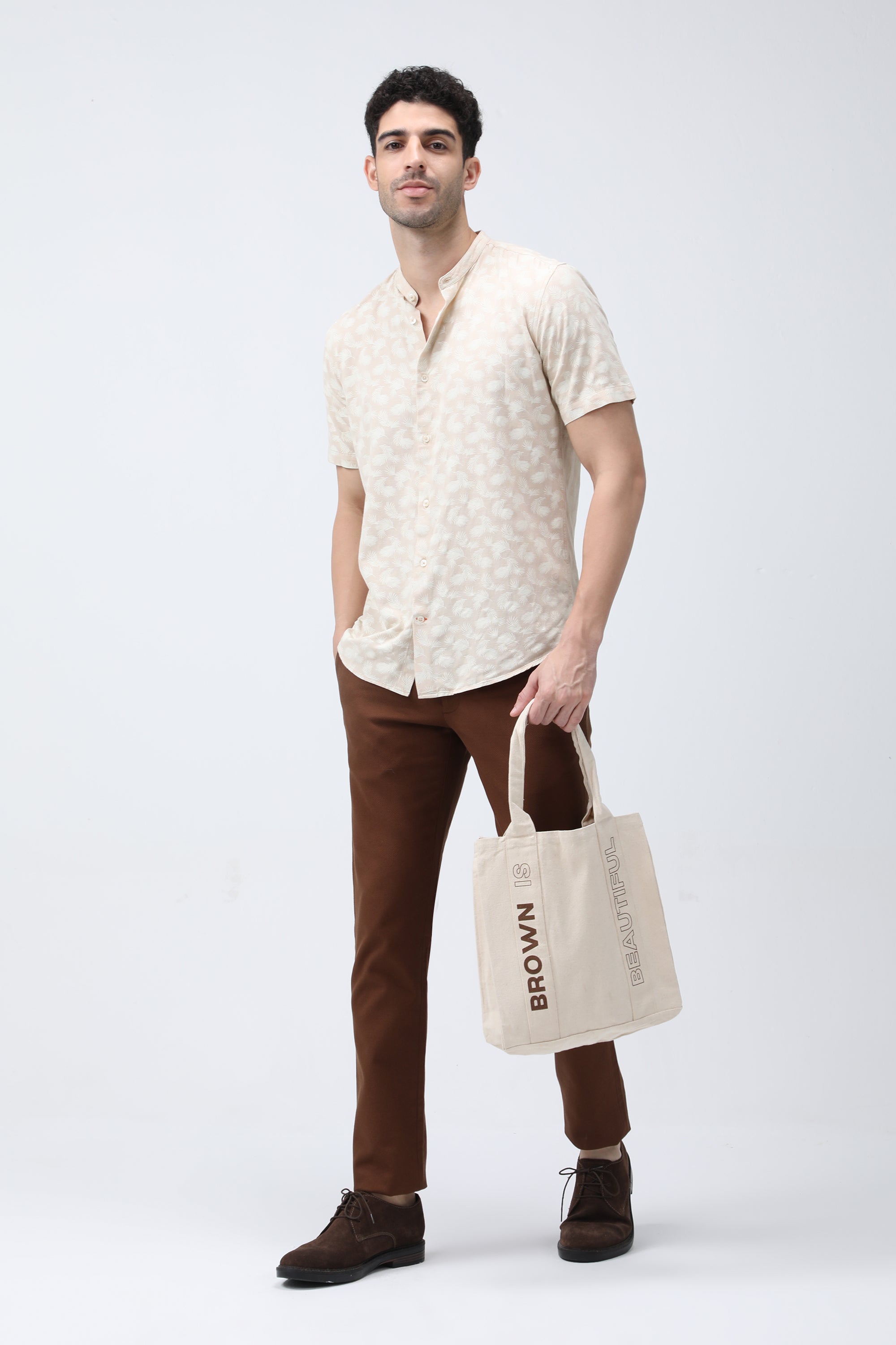 Bare Brown Cotton Beige Printed Shirt