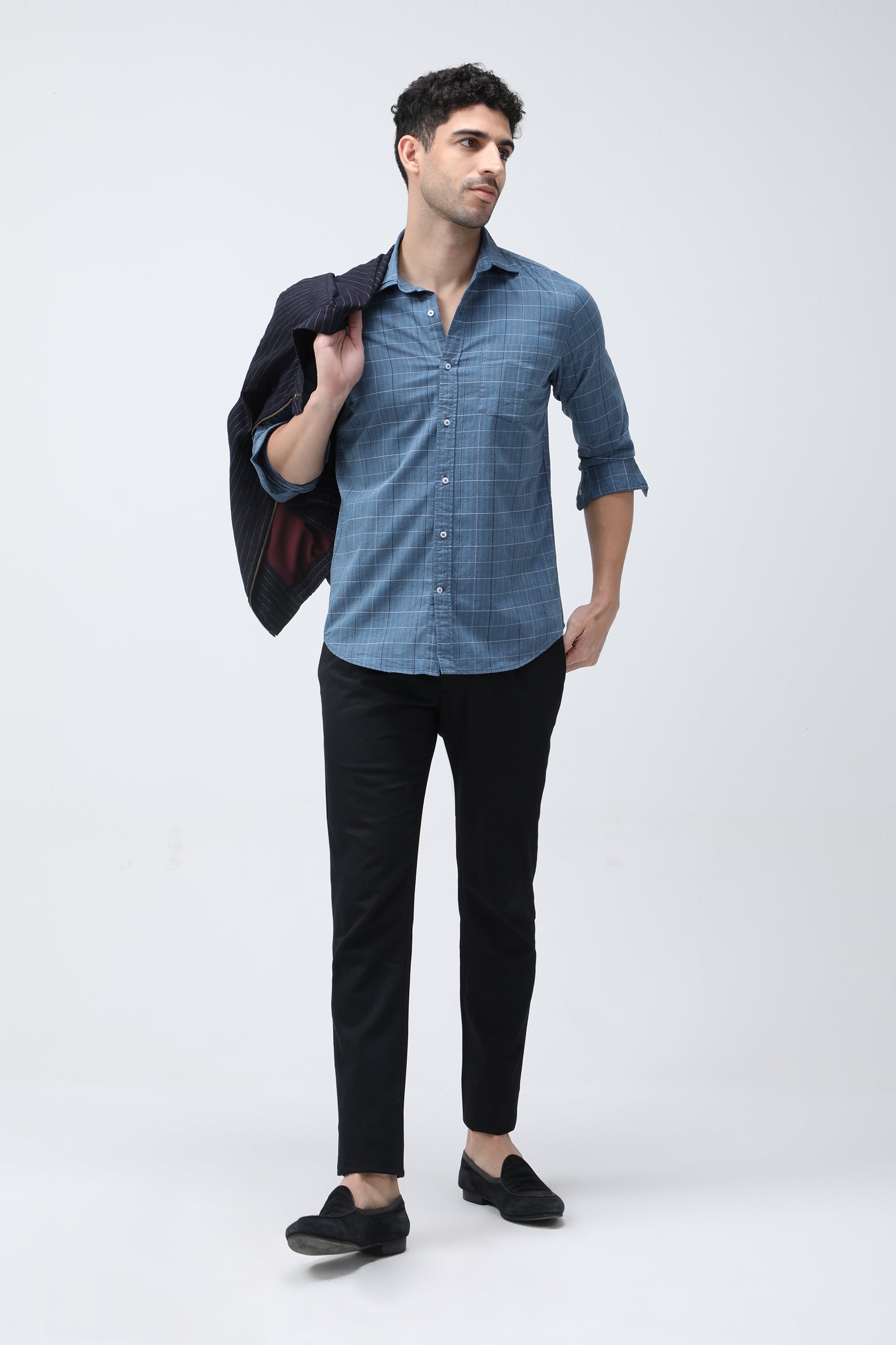 Bare Brown Checkered Cotton Blue Shirt