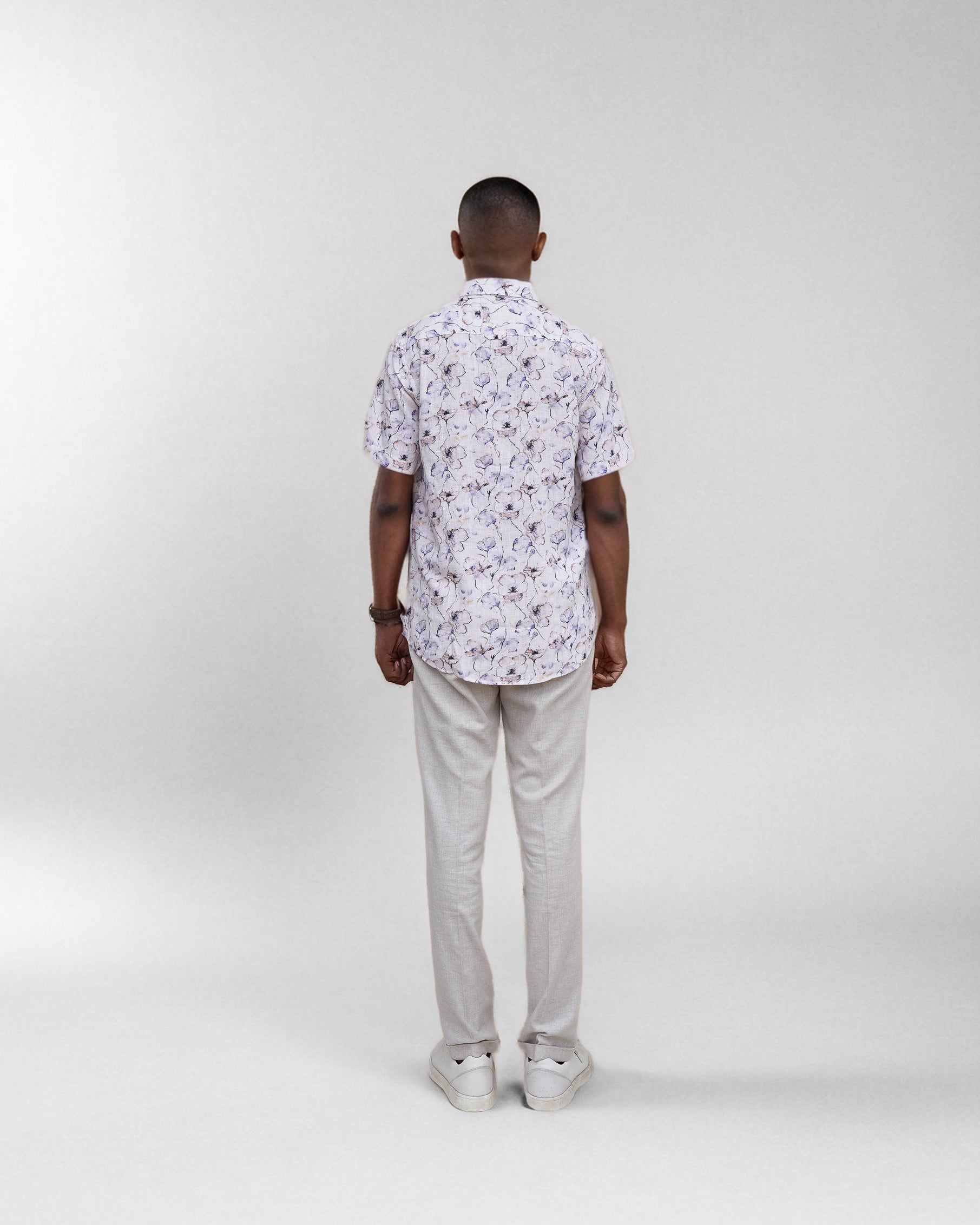 Bare Brown Floral Printed Linen Half Sleeve Shirt - Beige
