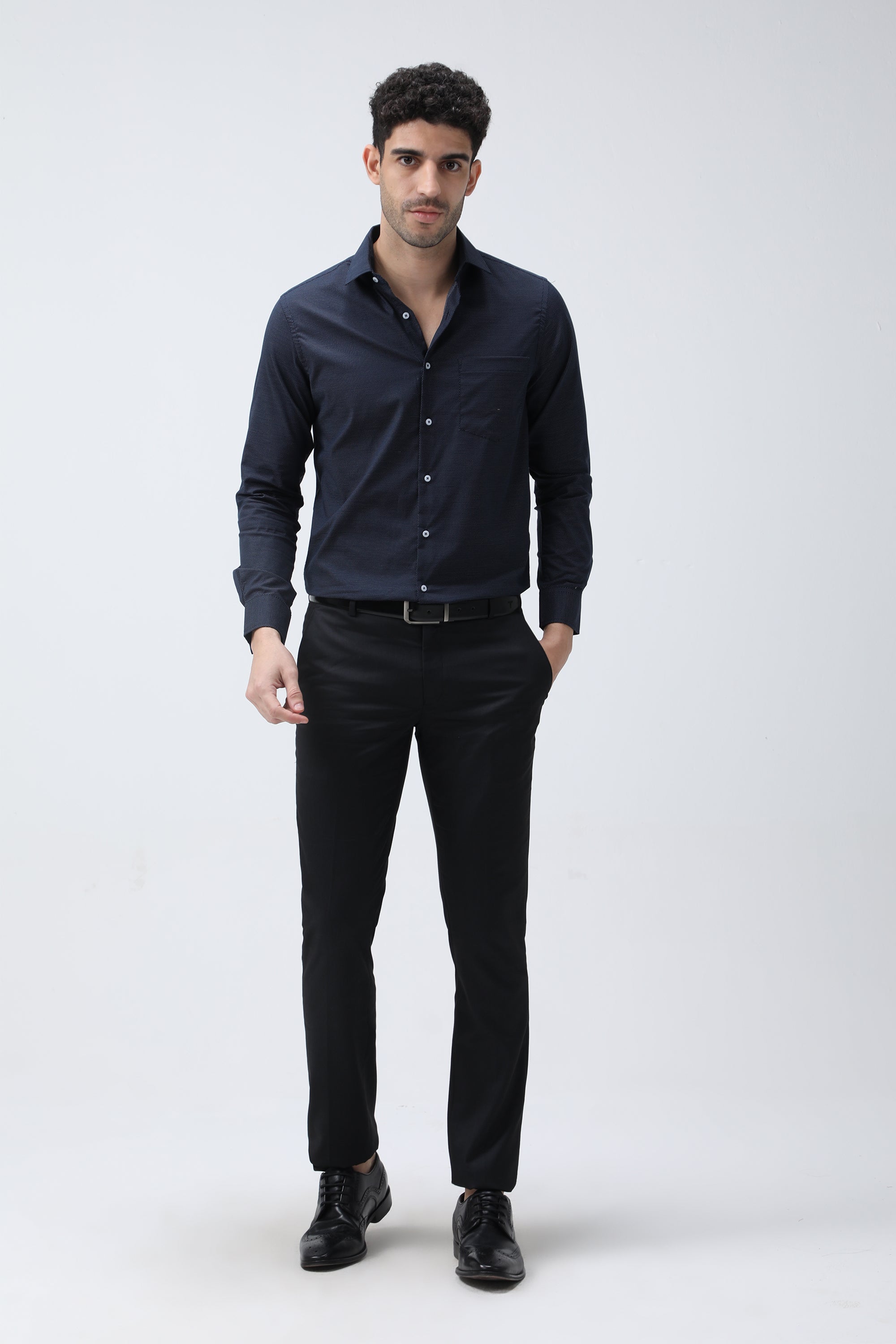 T the brand Dobby Slim Fit Full Sleeved Shirt - Navy