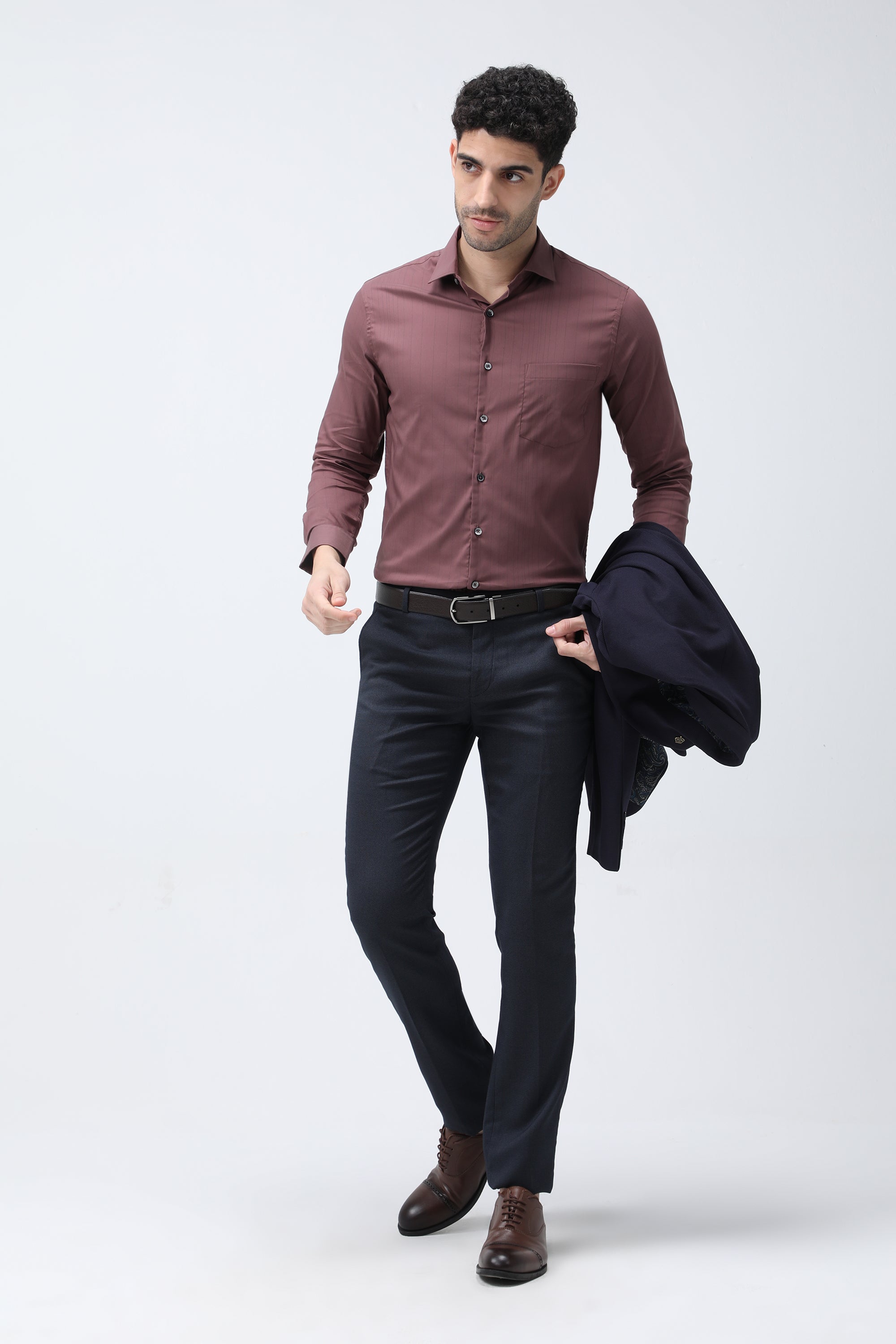 T the brand Stripe Dobby Slim Fit Full Sleeved Shirt - Brown