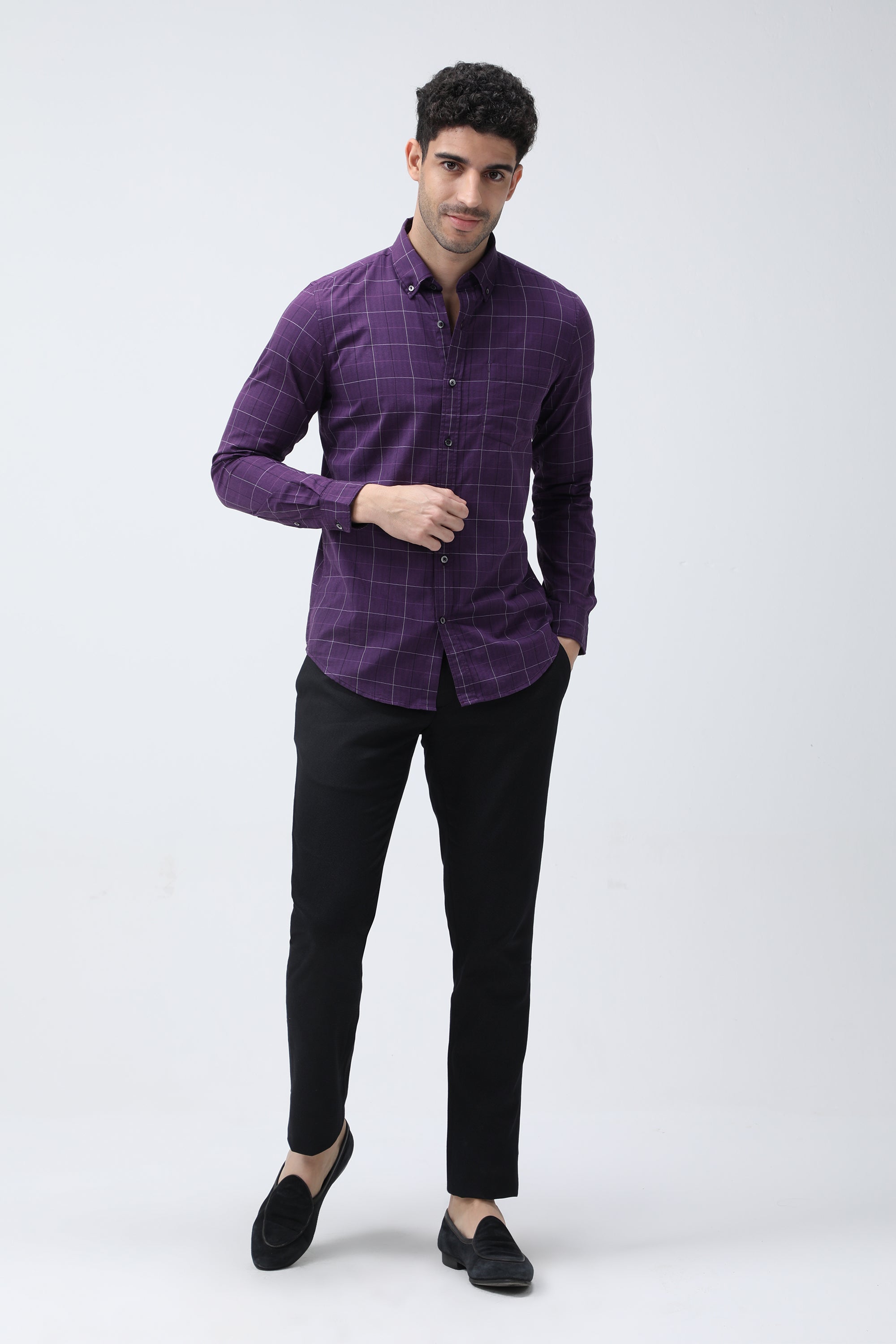 Bare Brown Checkered Cotton Purple Shirt