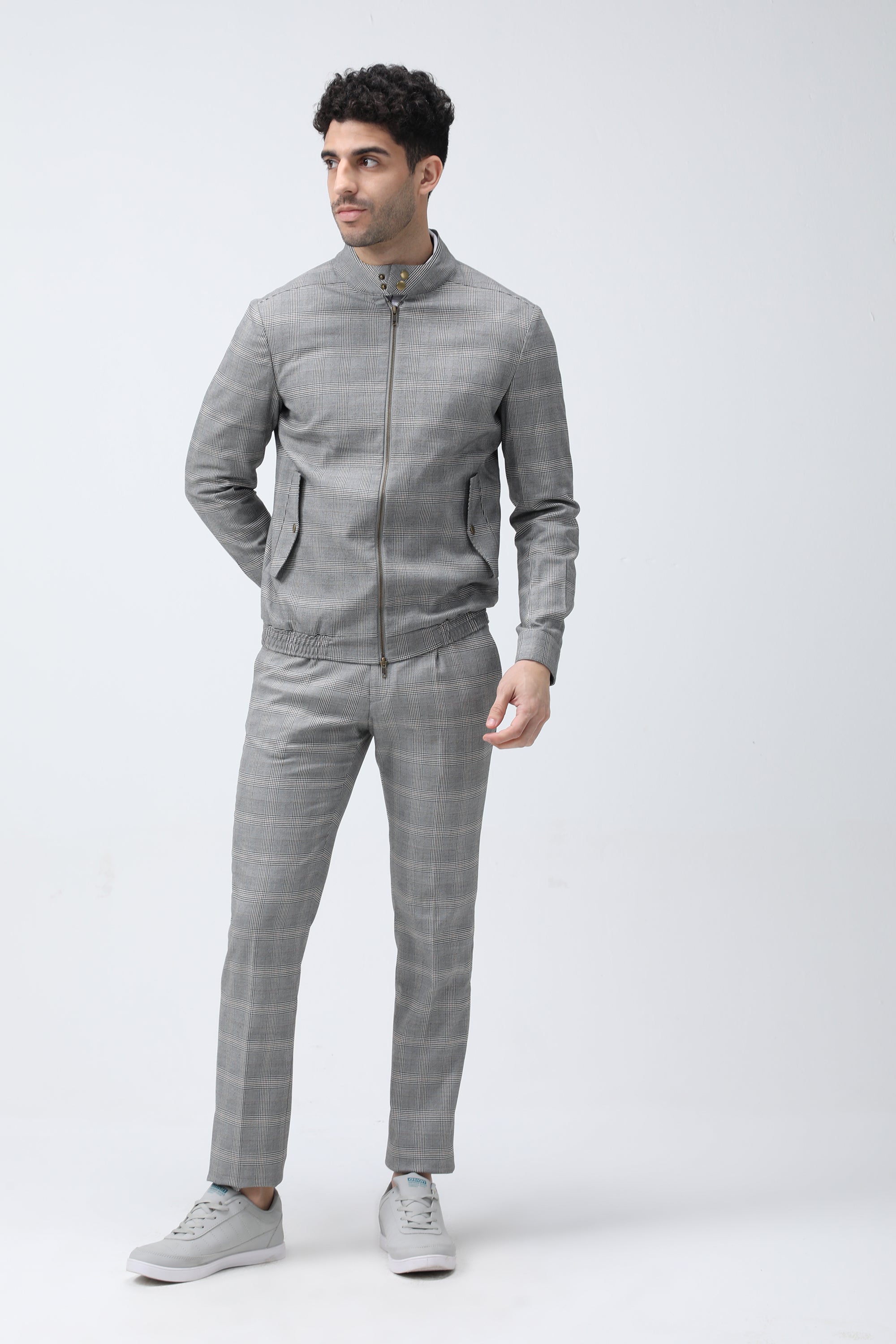 Bare Brown Checkered Bomber Jacket - Grey