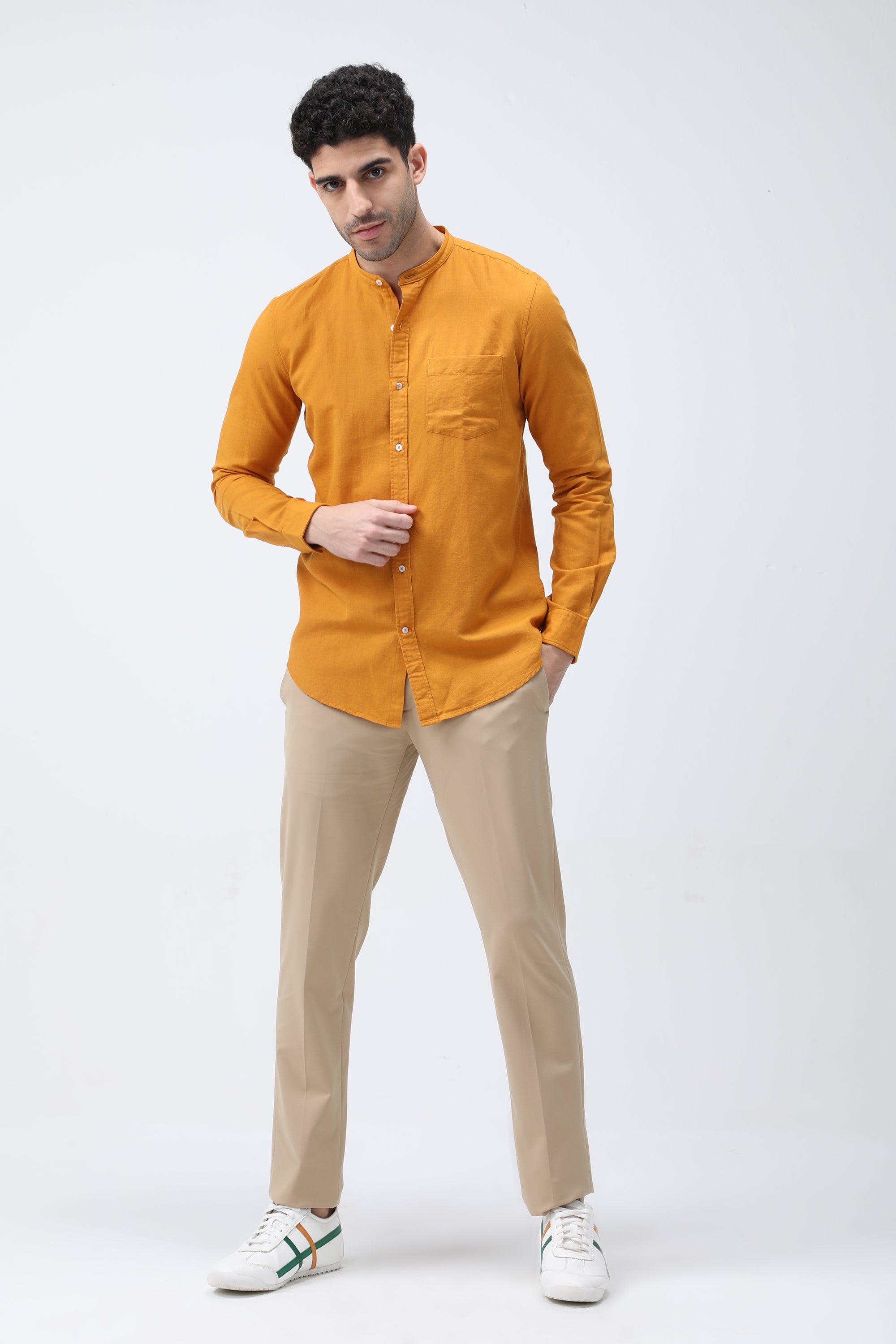 Bare Brown Mandarin Collar Cotton Linen Shirt, Slim Fit with Full Sleeves -Yellow