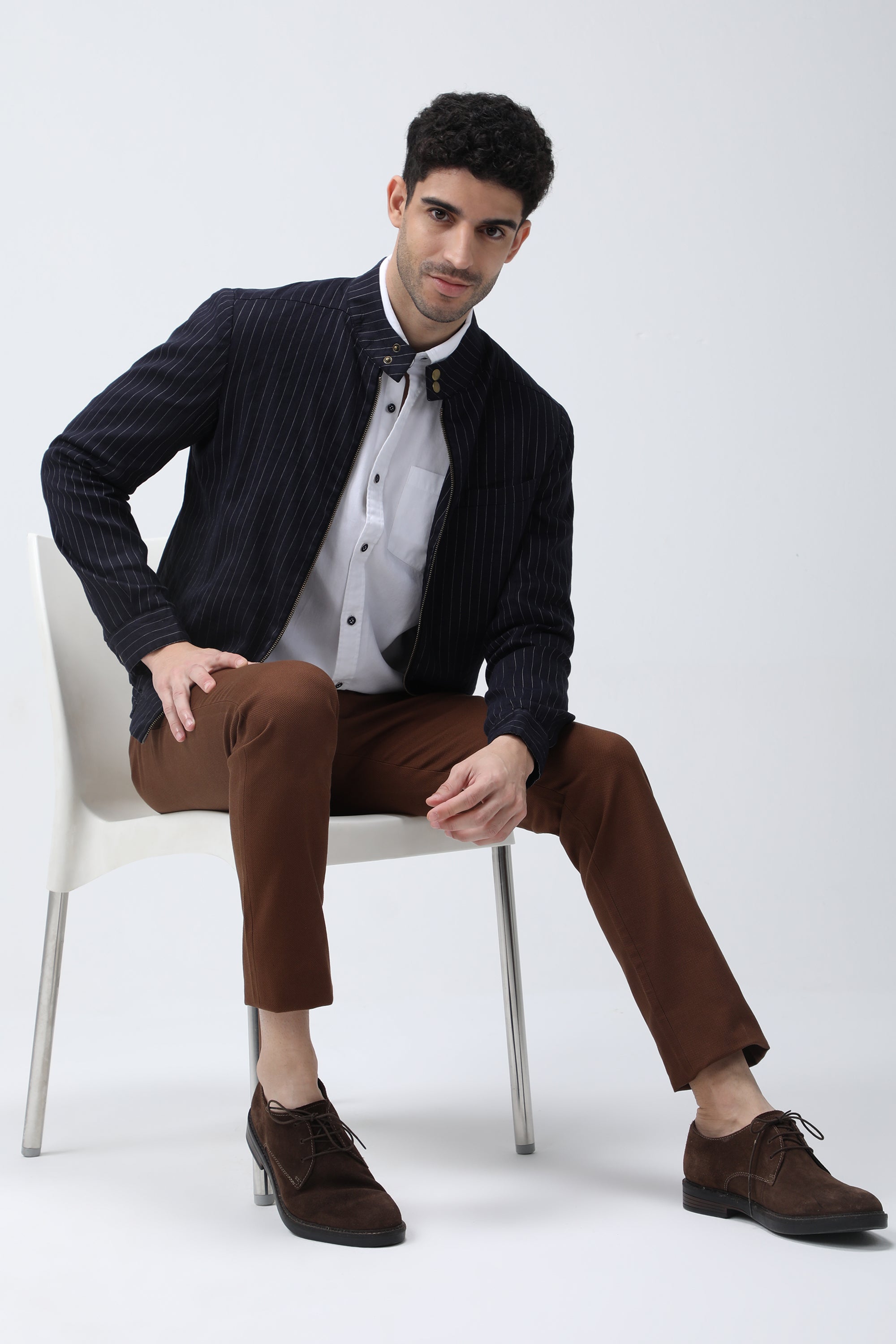 Bare Brown Stripe Bomber Jacket - Navy