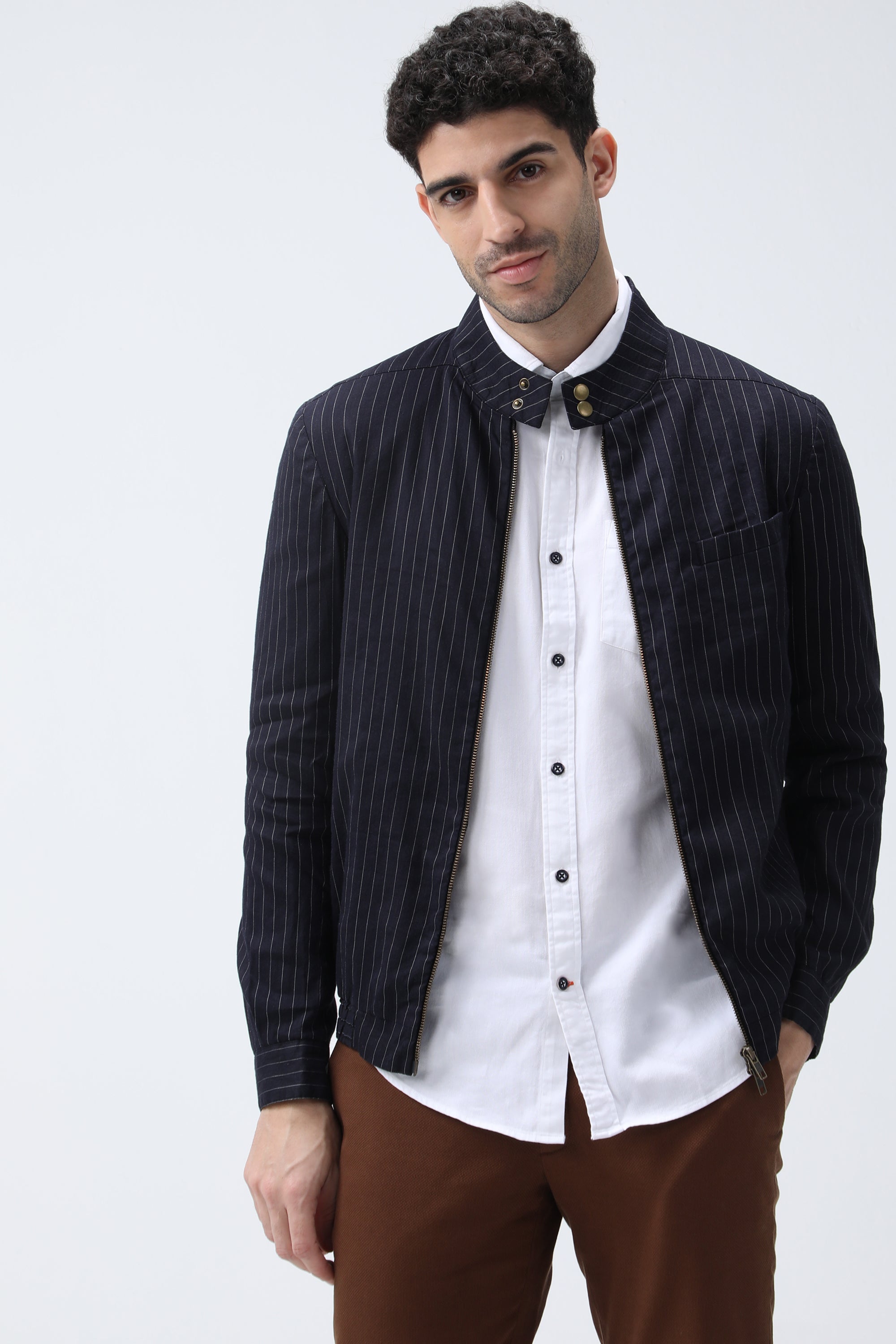 Bare Brown Stripe Bomber Jacket - Navy