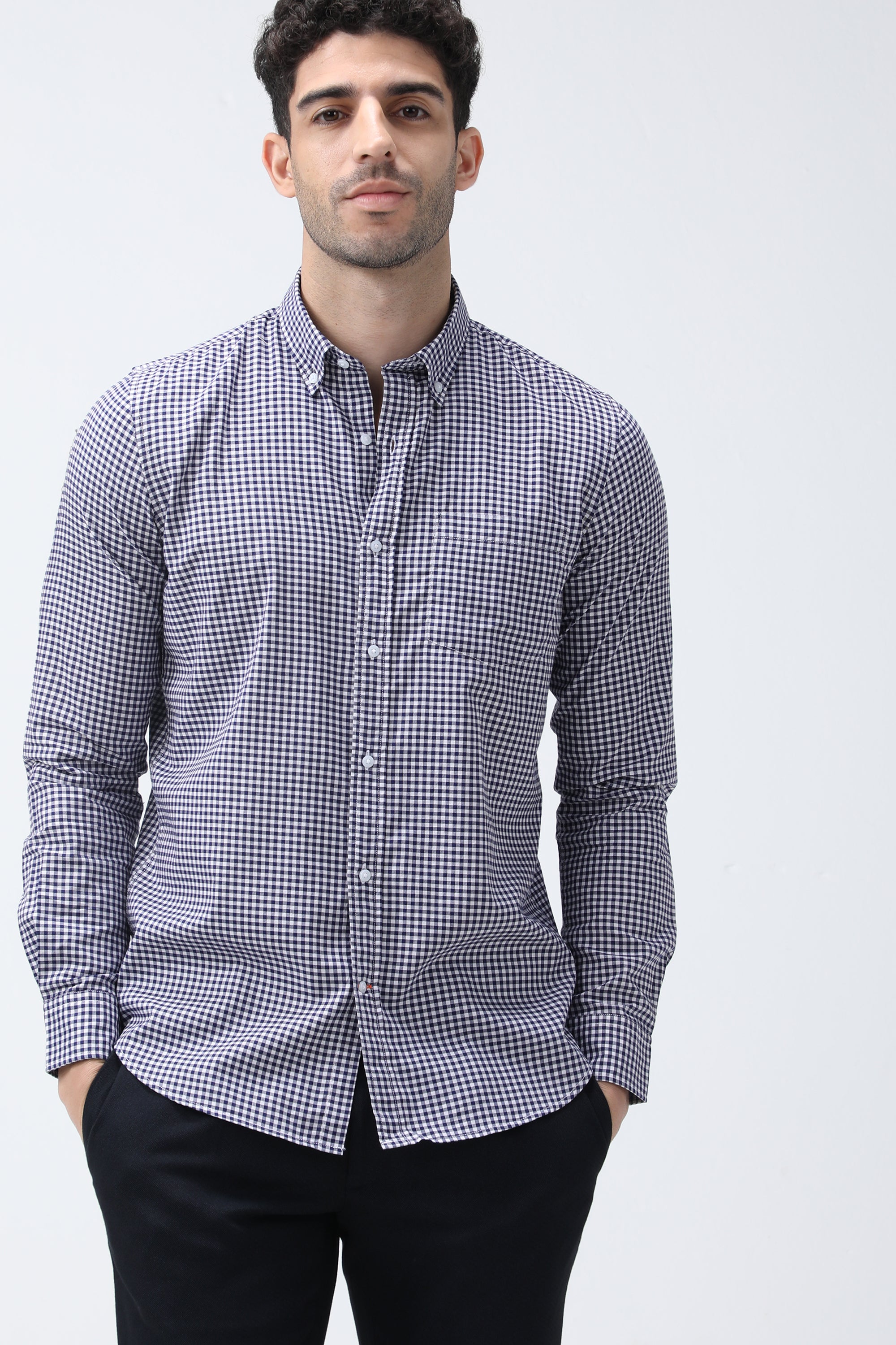 Bare Brown Gingham Checkered Cotton Shirt - Navy