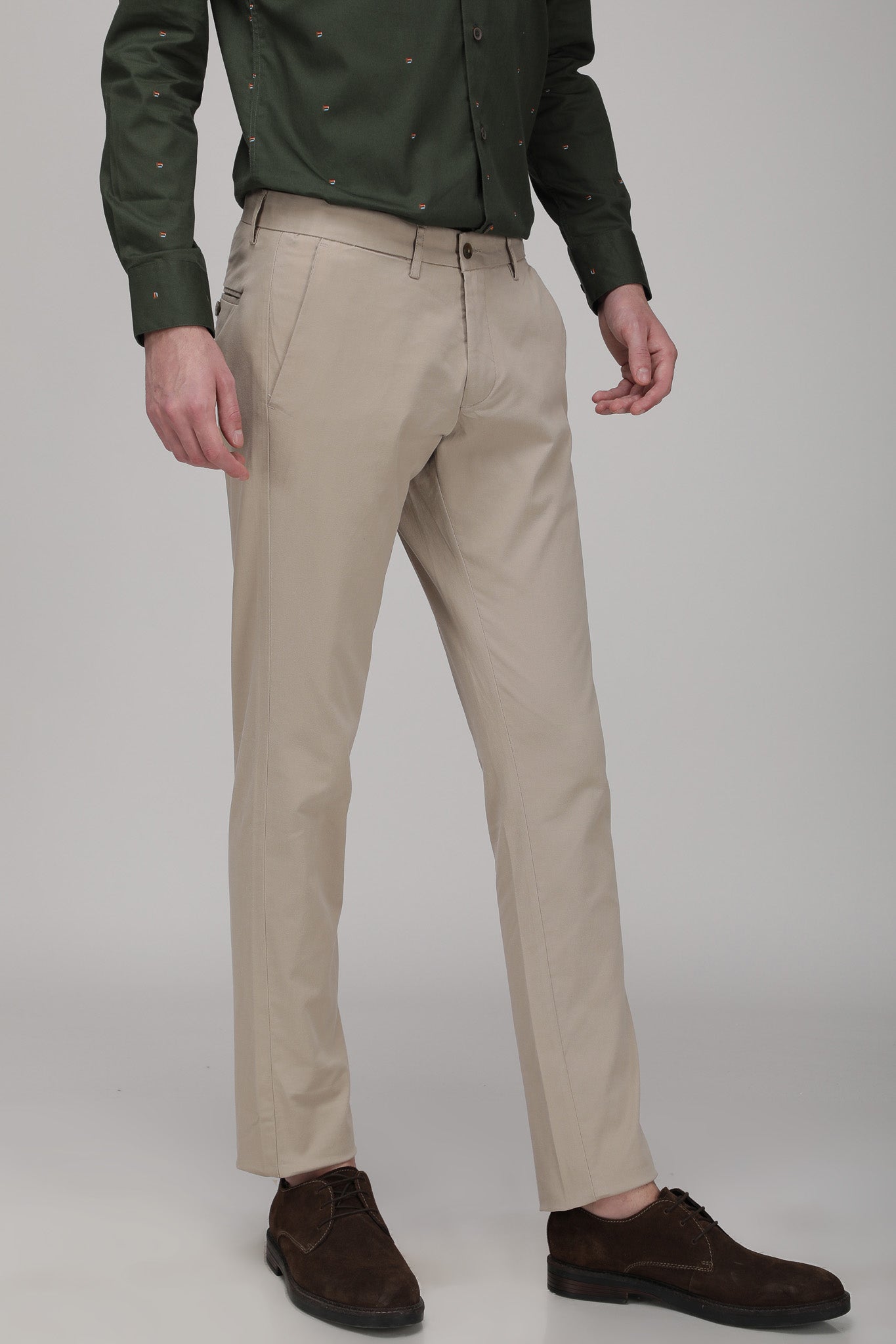 Bare Brown Stretch Slim Fit Cotton Chinos - Khaki