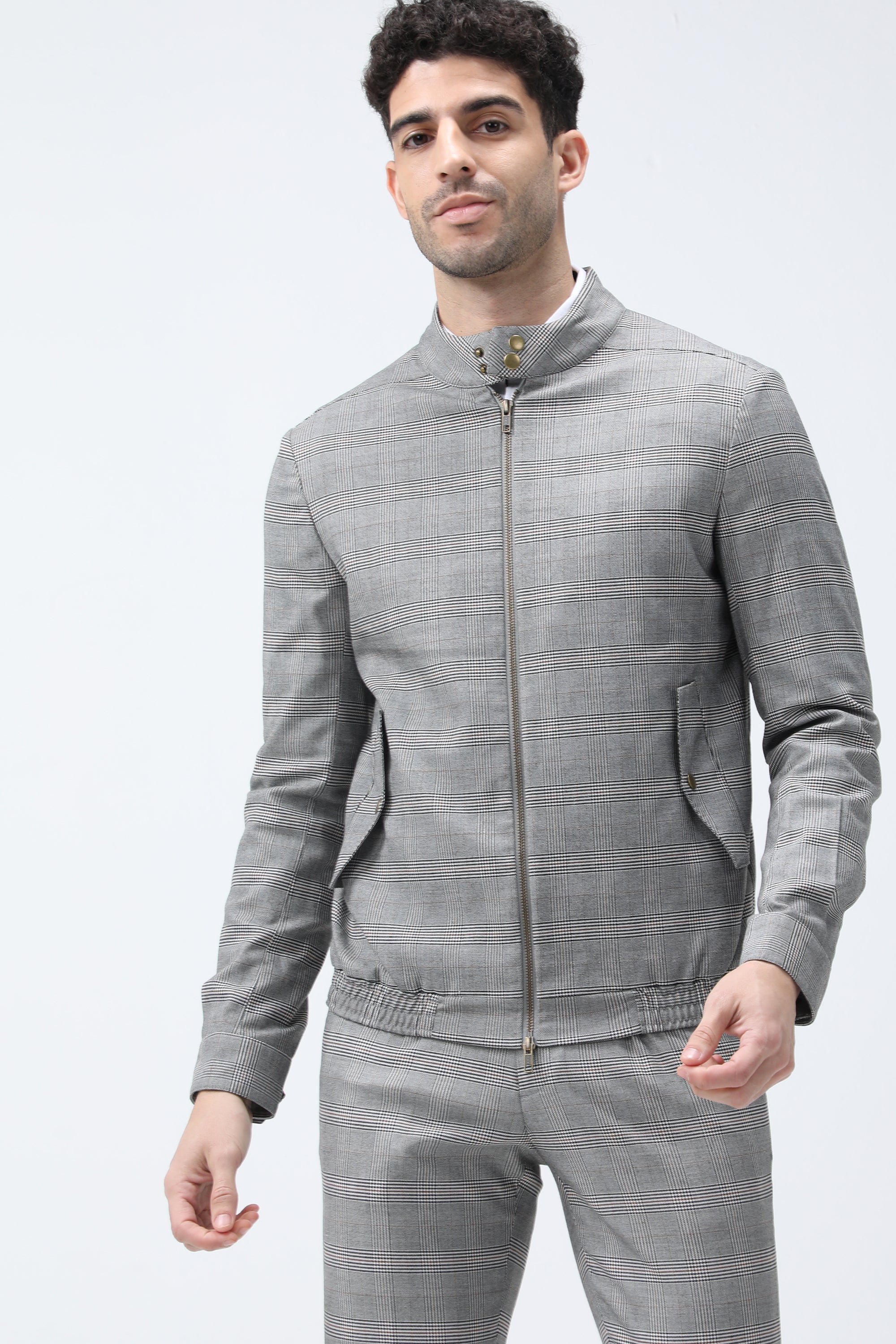 Bare Brown Checkered Bomber Jacket - Grey