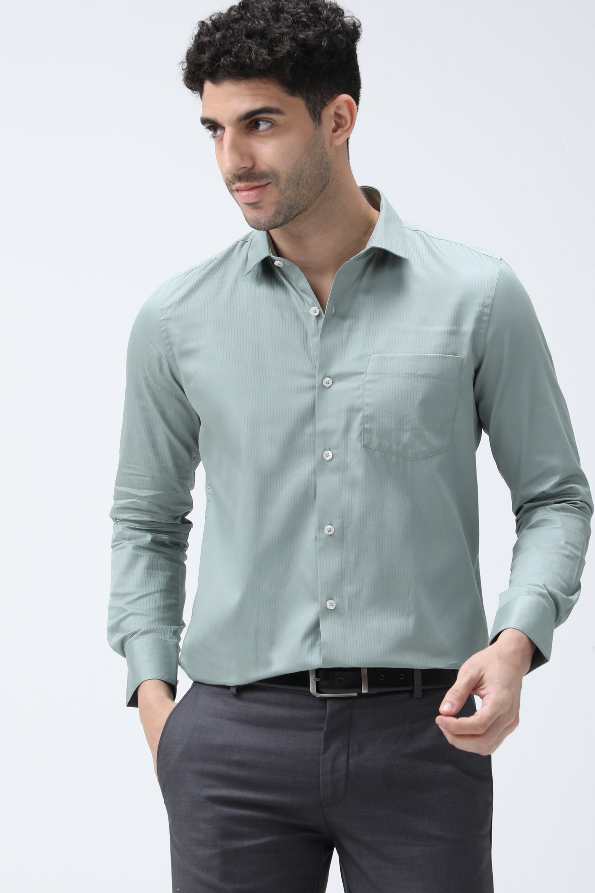 T the brand Stripe Dobby Slim Fit Full Sleeved Shirt - Green