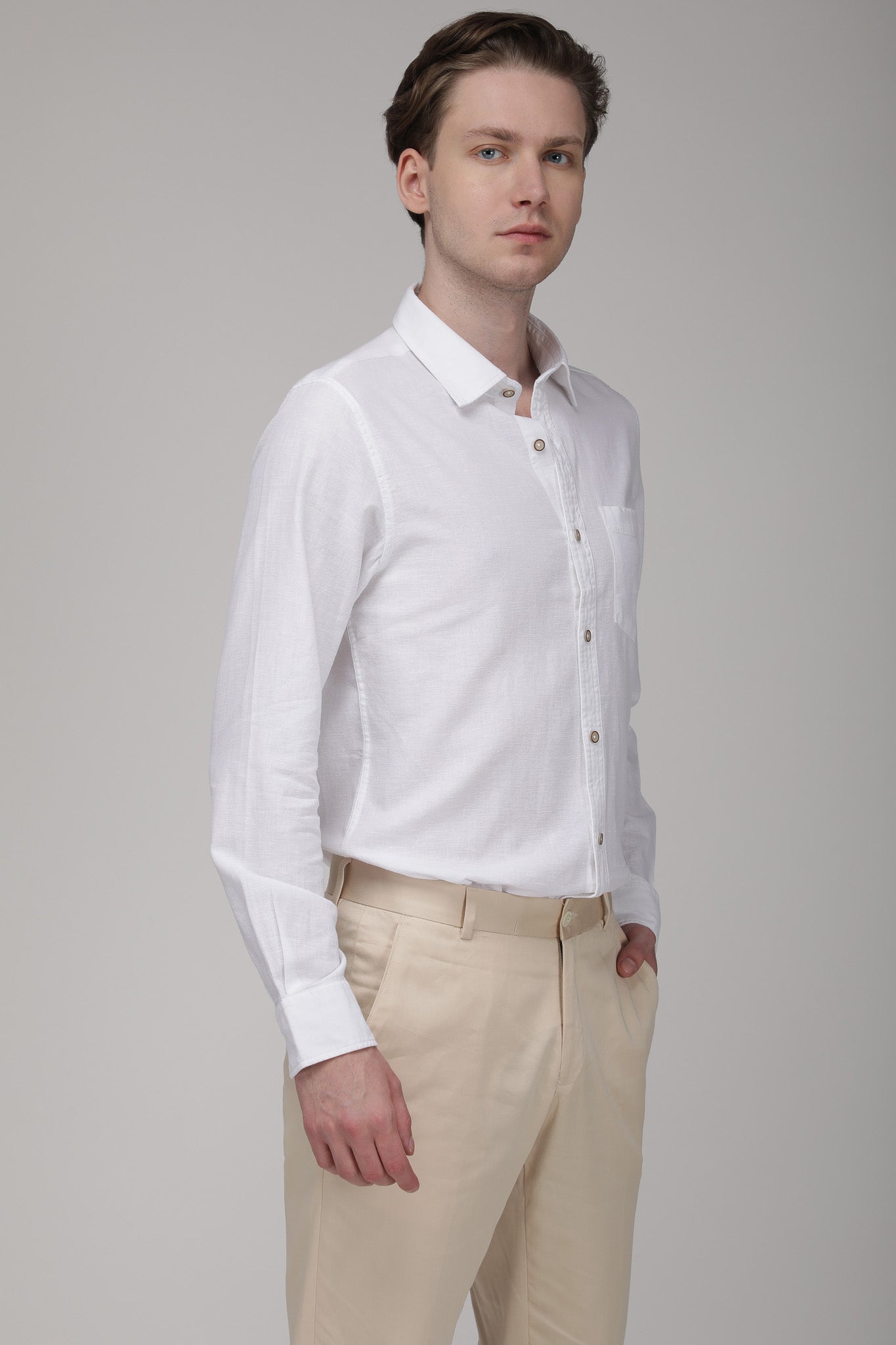Bare Brown Regular Collar Cotton Linen Shirt, Slim Fit with Full Sleeves - White