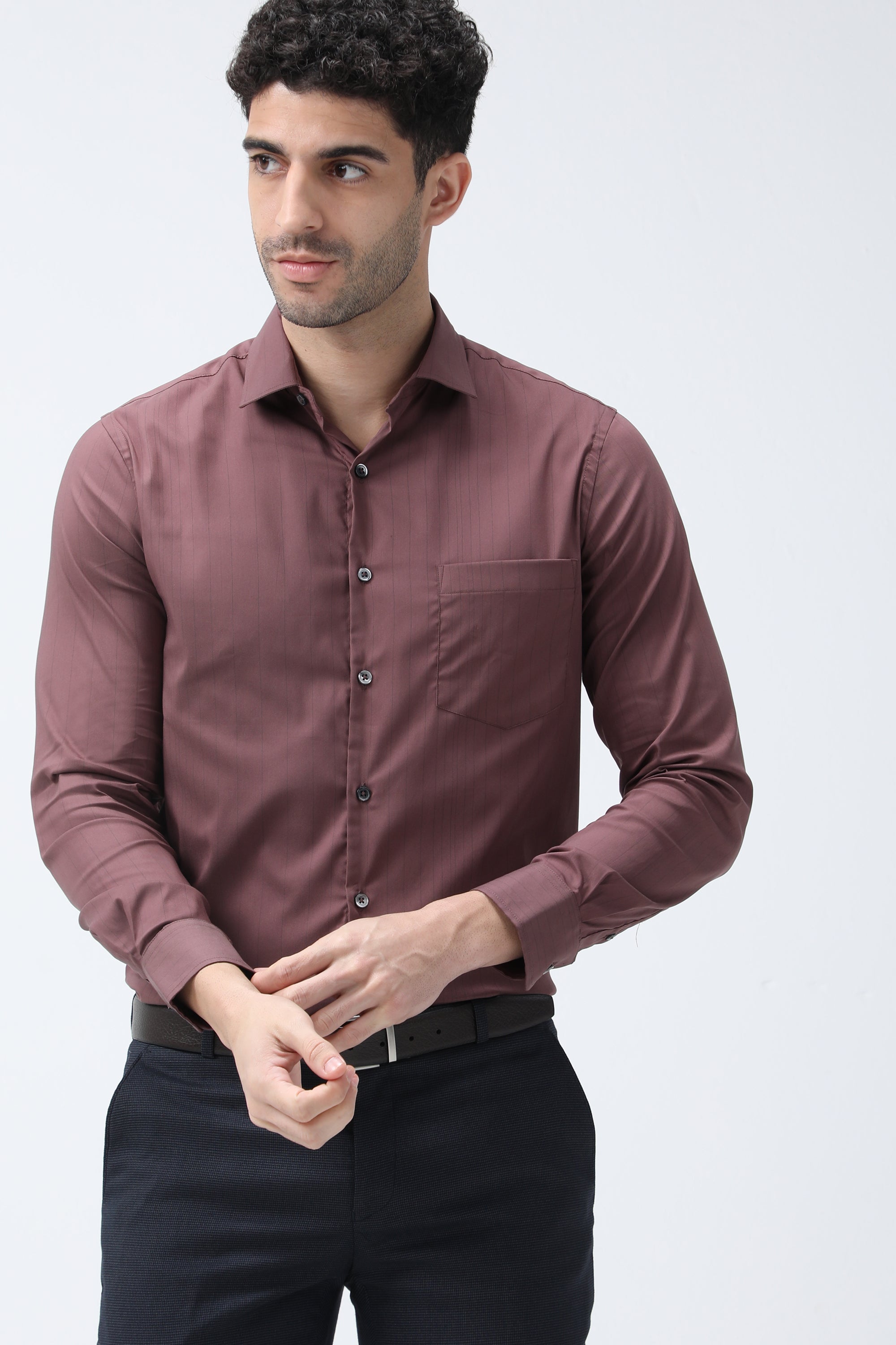T the brand Stripe Dobby Slim Fit Full Sleeved Shirt - Brown