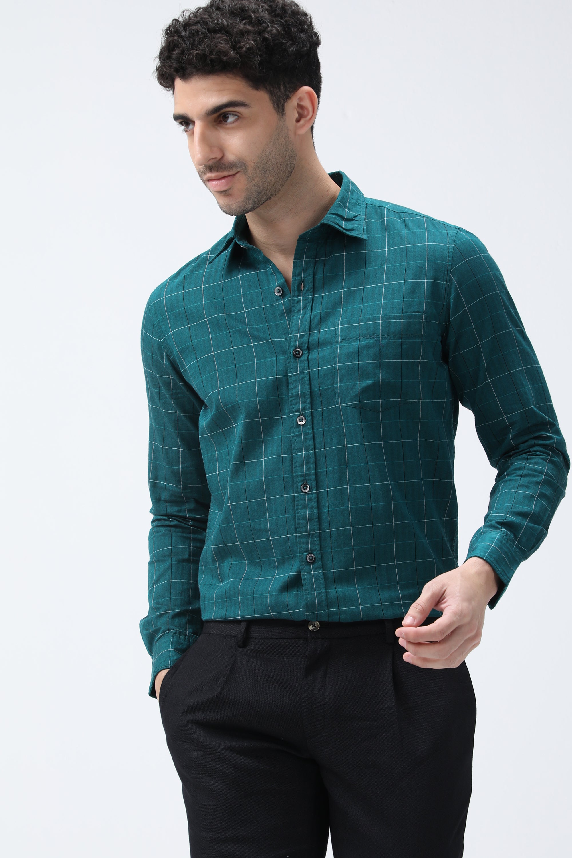 Bare Brown Checked Cotton Green Shirt
