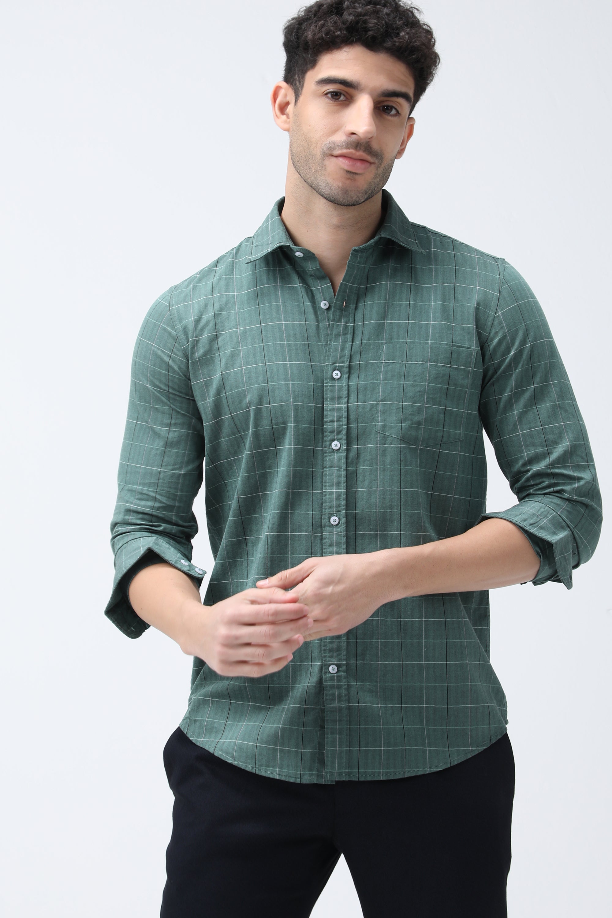 Bare Brown Checkered Cotton Green Shirt