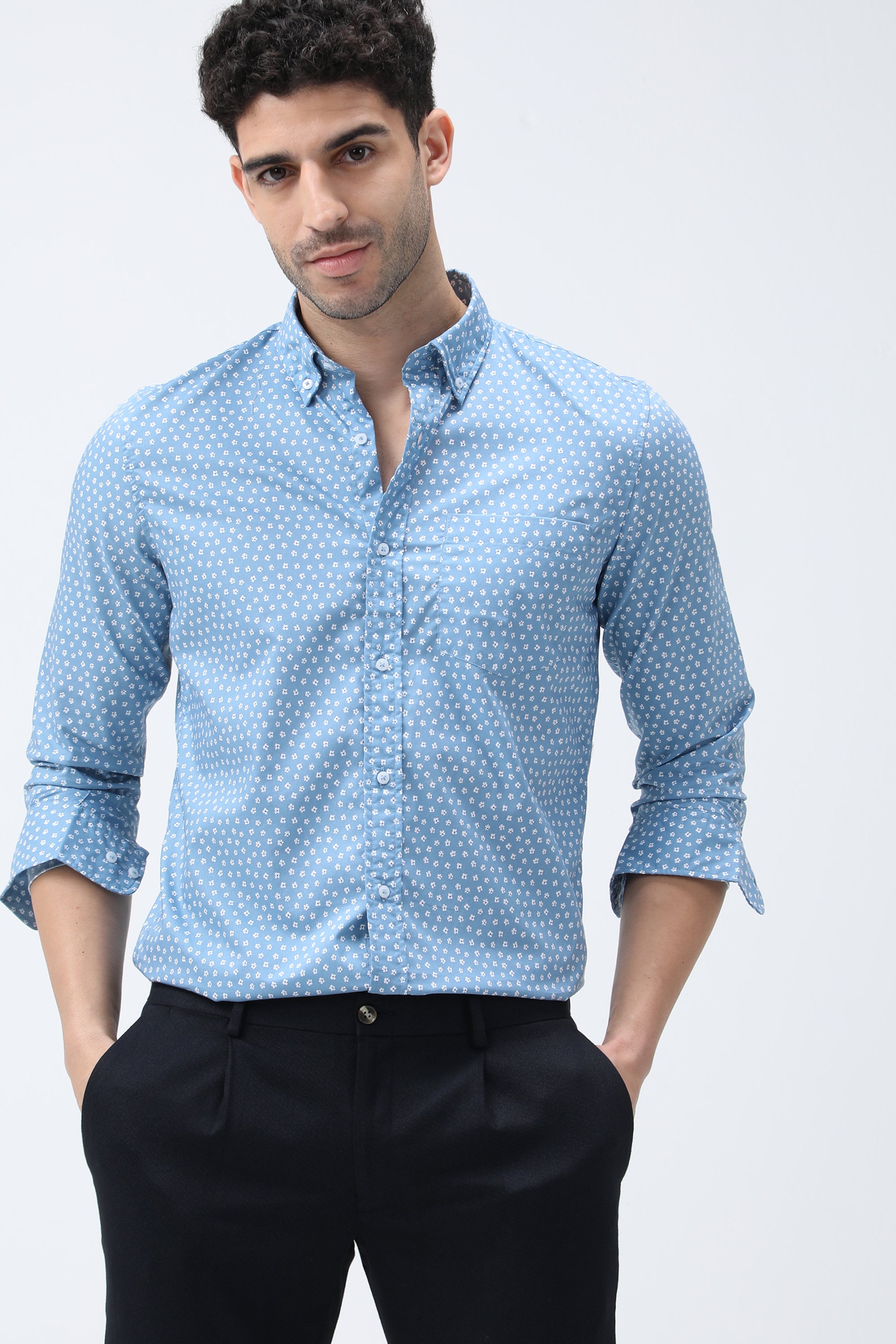 Bare Brown Floral Print Cotton Shirt - Blue