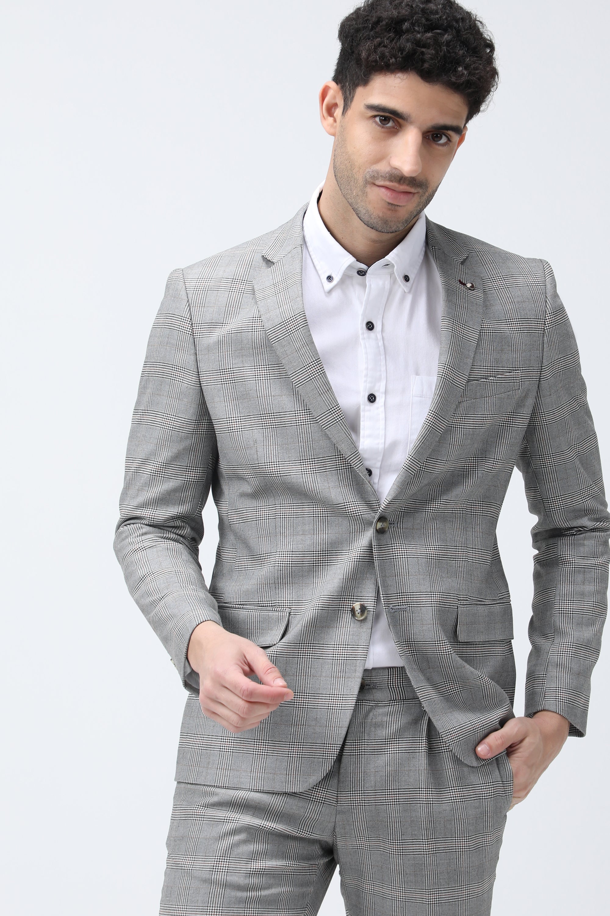 Bare Brown Casual Checkered Blazer - Grey