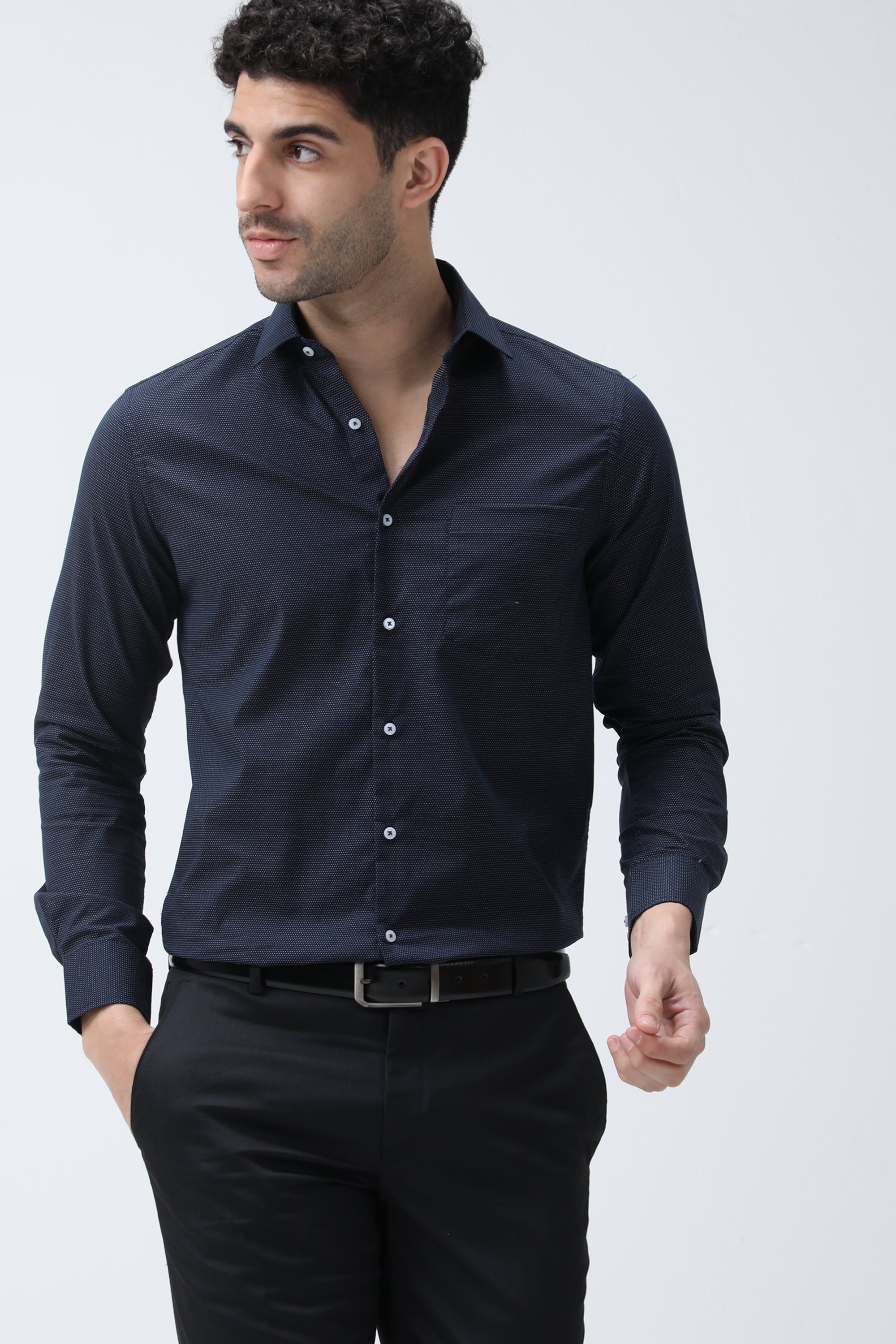 T the brand Dobby Slim Fit Full Sleeved Shirt - Navy