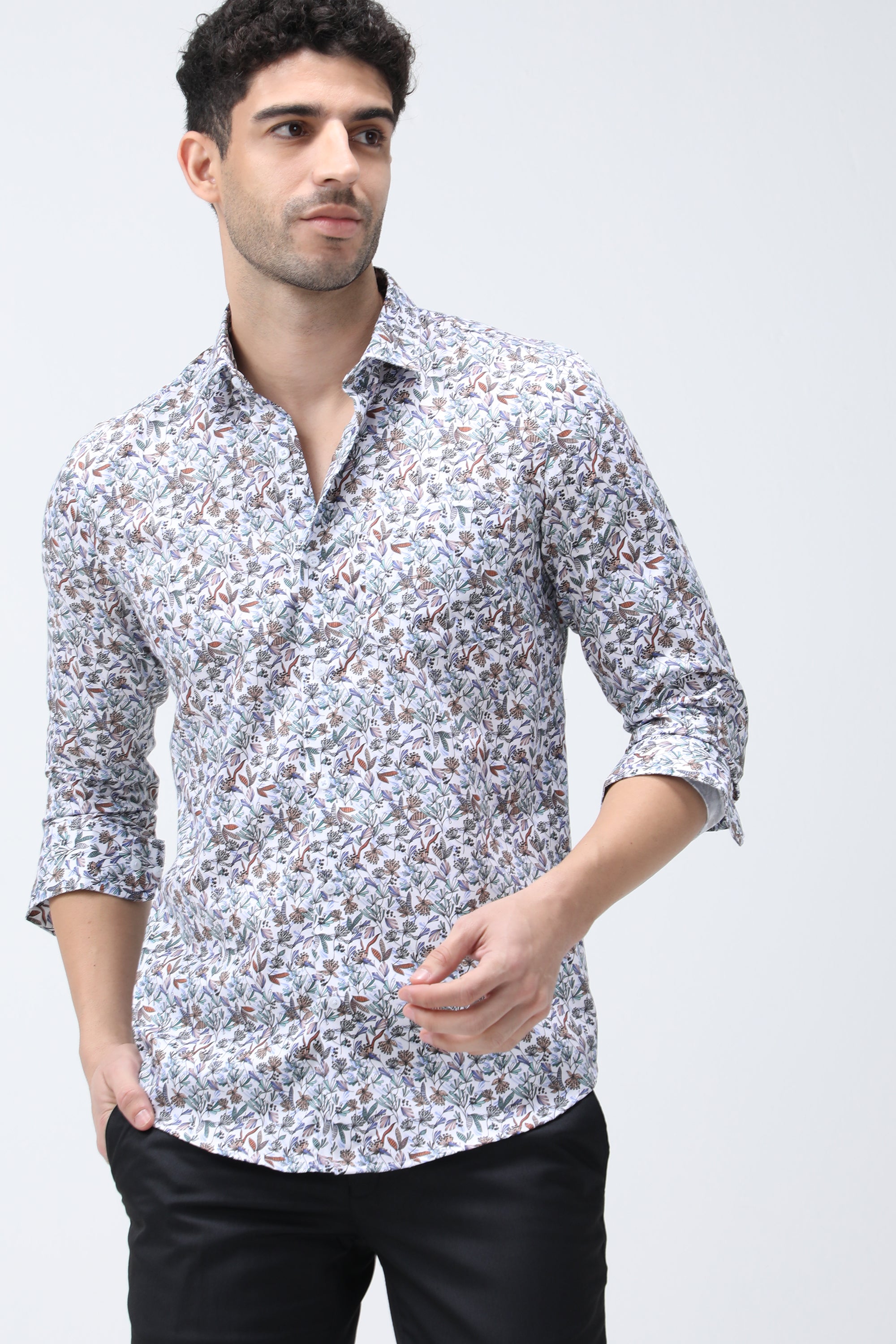 Floral Printed Twill Slim Fit Full Sleeved Shirt - White